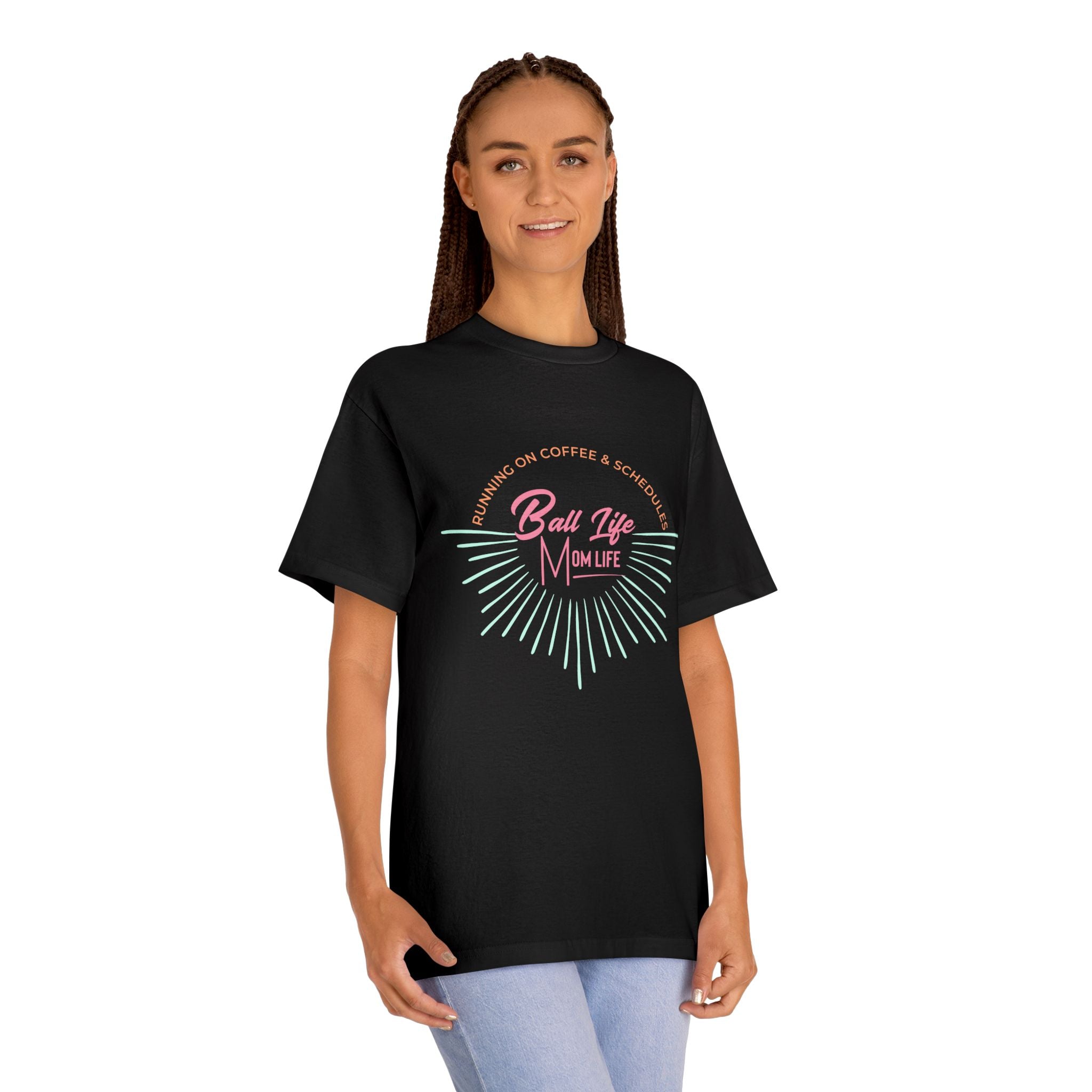 Ball Life Mom Life Graphic Tee — Running on Coffee & Schedules Retro Vibe