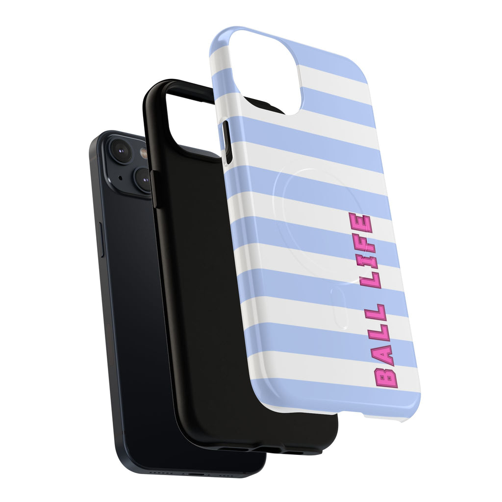 Phone Case — "Ball Life is Mom Life" Magnetic Tough Case Blue Stripes Pink Font
