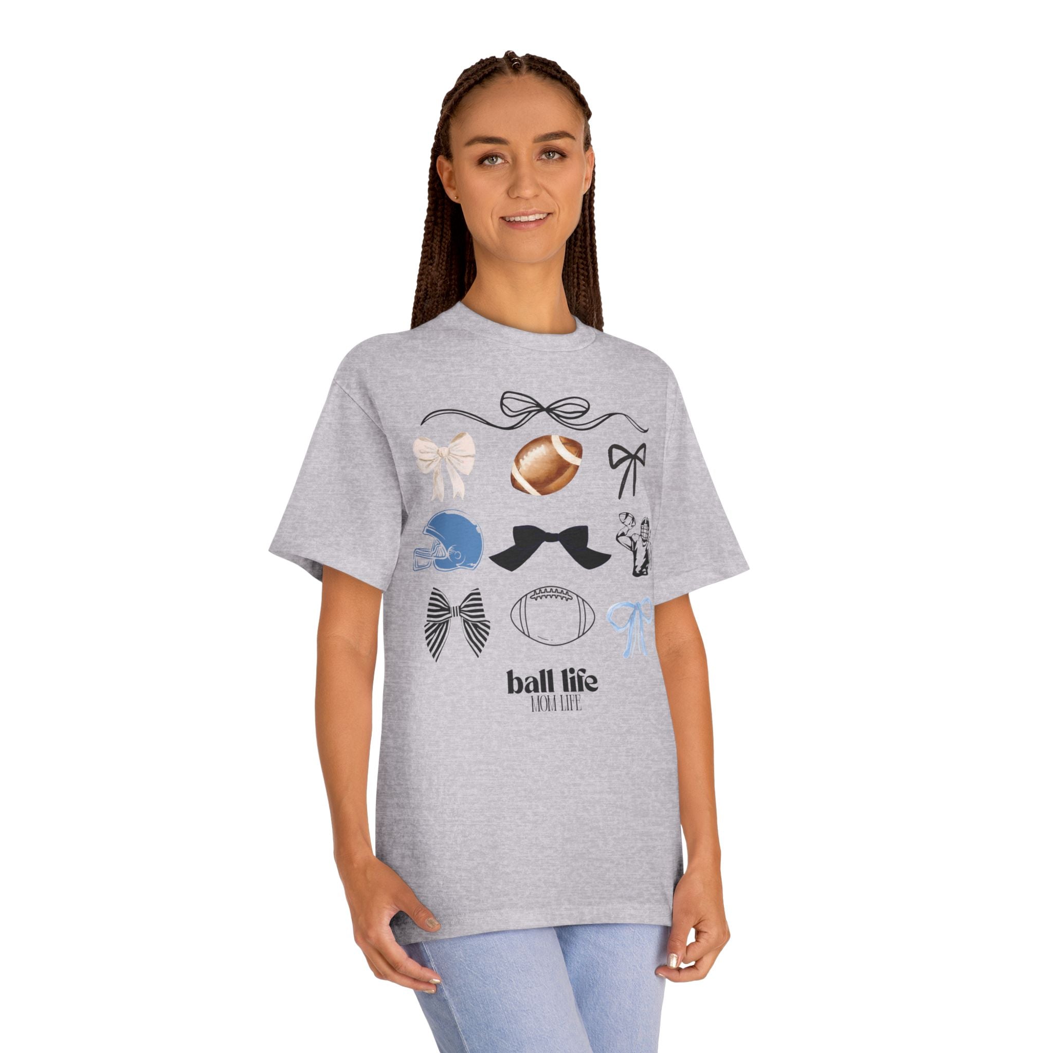 Football Mom Life Tee — Bow & Football Graphic Shirt
