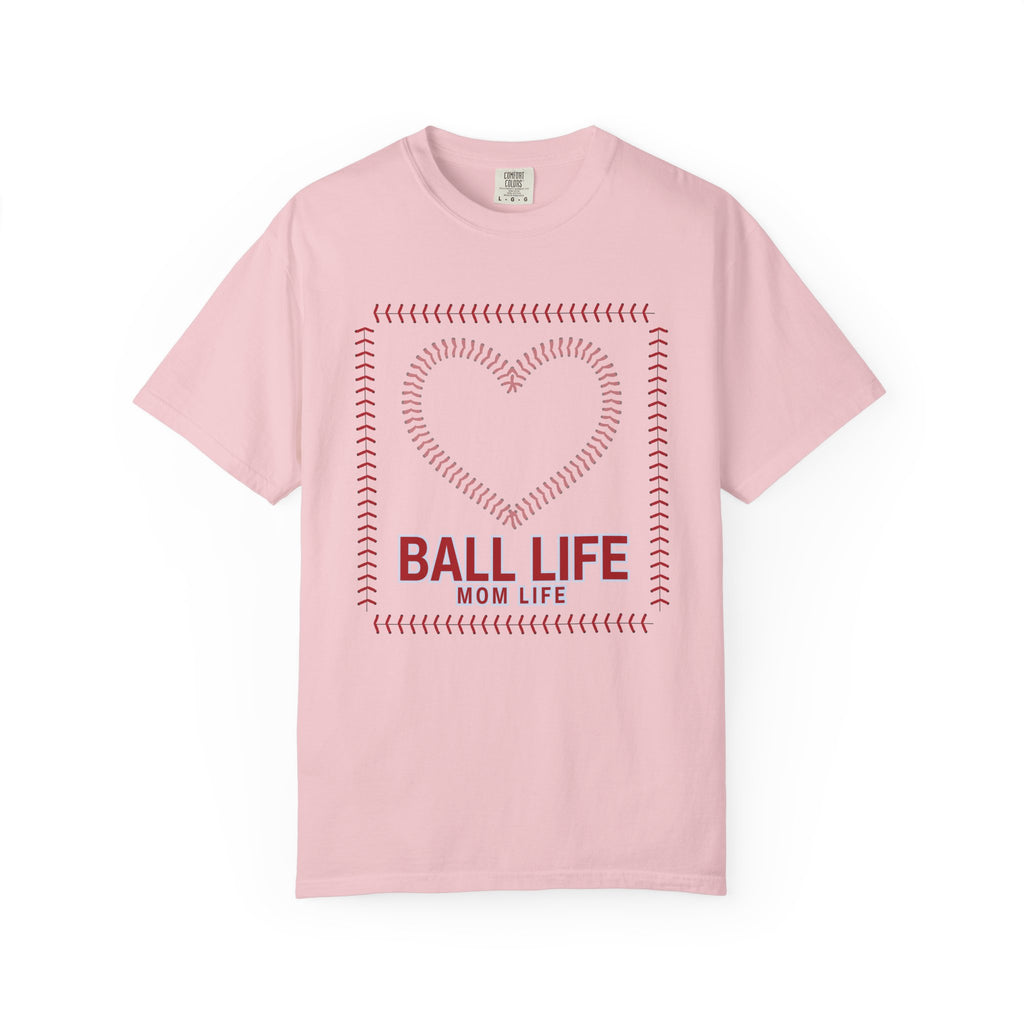 Baseball Mom T‑Shirt — "Ball Life Mom Life" Heart Stitch Design