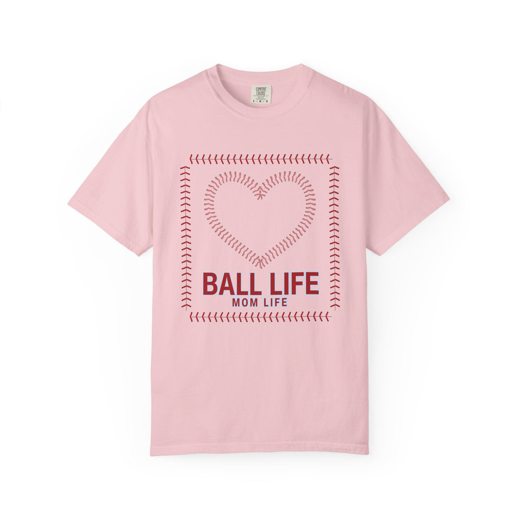 Baseball Mom T‑Shirt — "Ball Life Mom Life" Heart Stitch Design