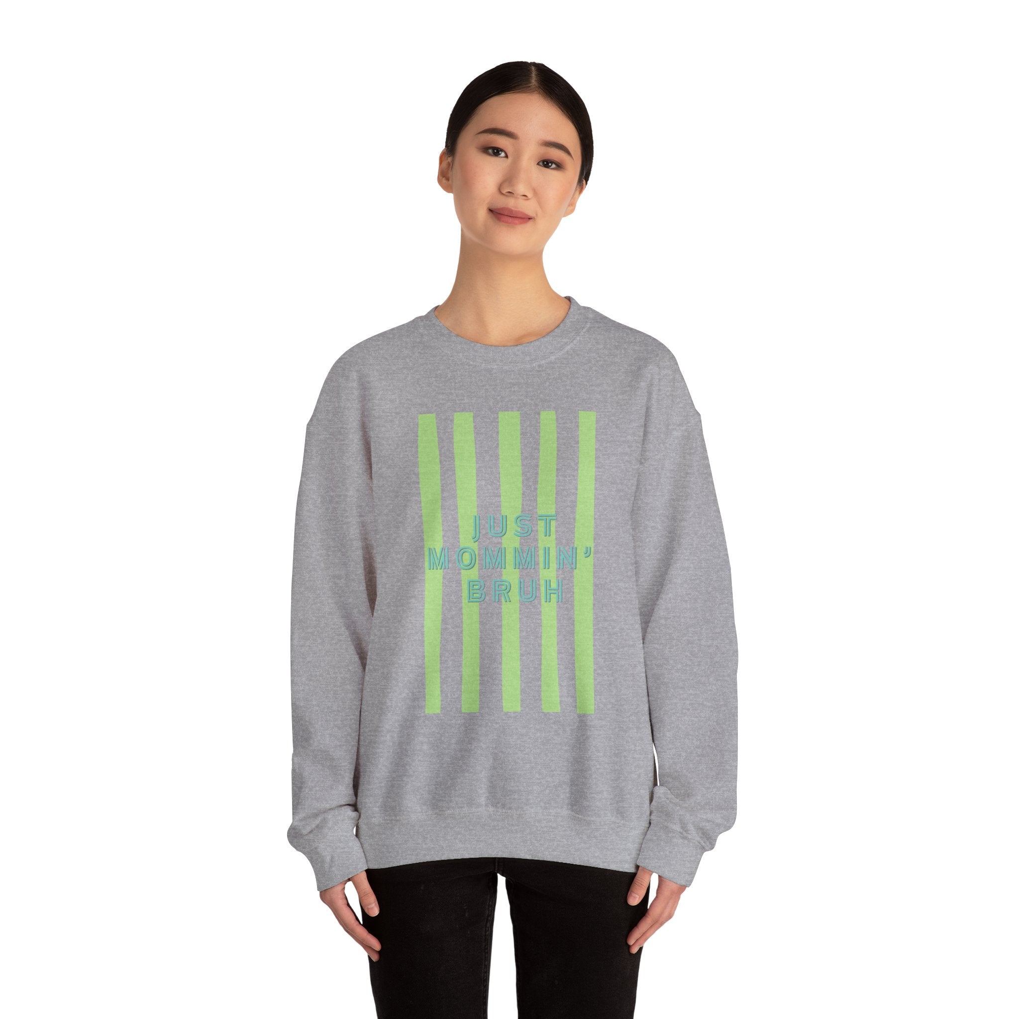 Crewneck Sweatshirt — "Just Mommin' Bruh" Neon Stripe Mom Life Pullover