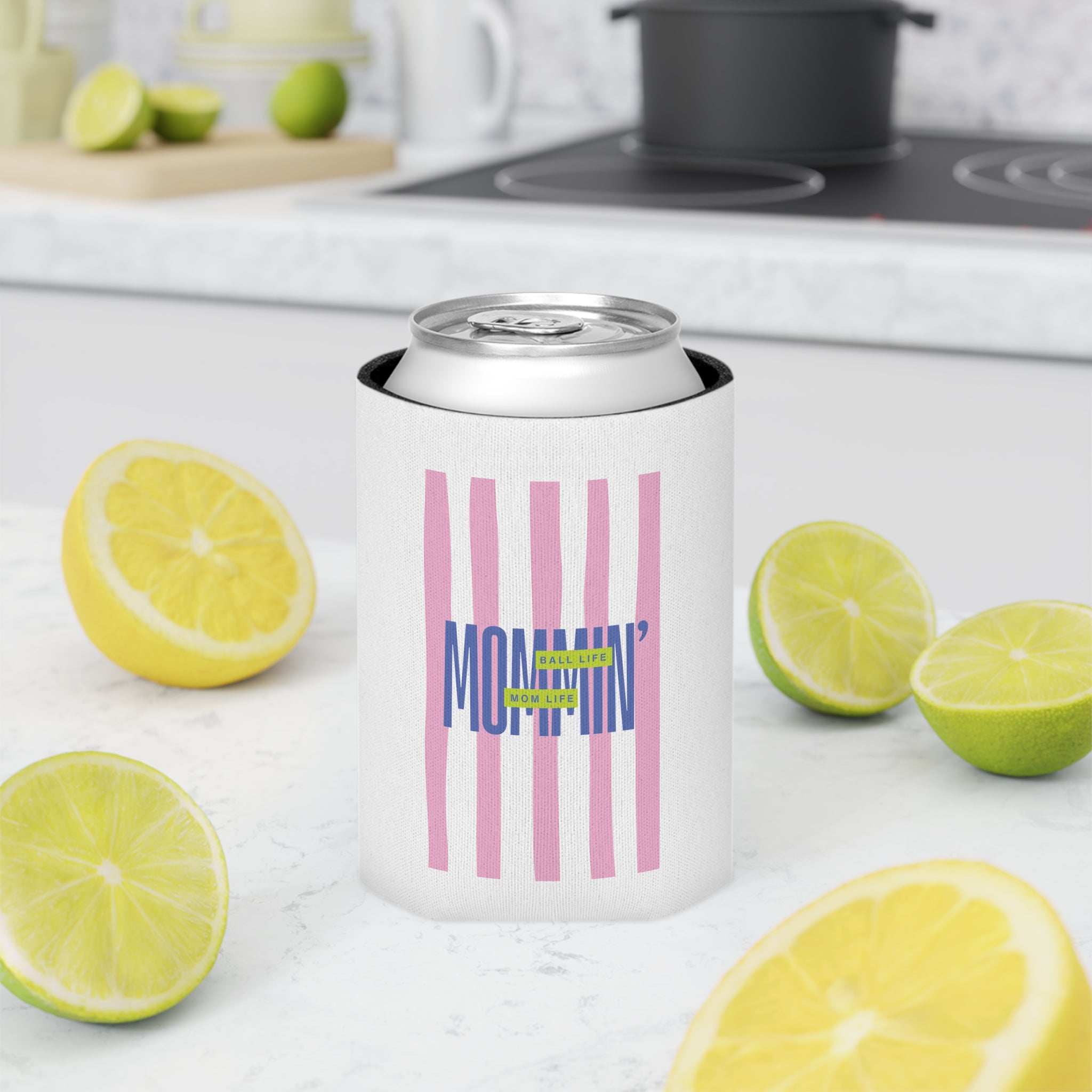 Can Cooler – Pink Stripes Mommin' Ball Life Mom Life Retro Graphic Can Koozie