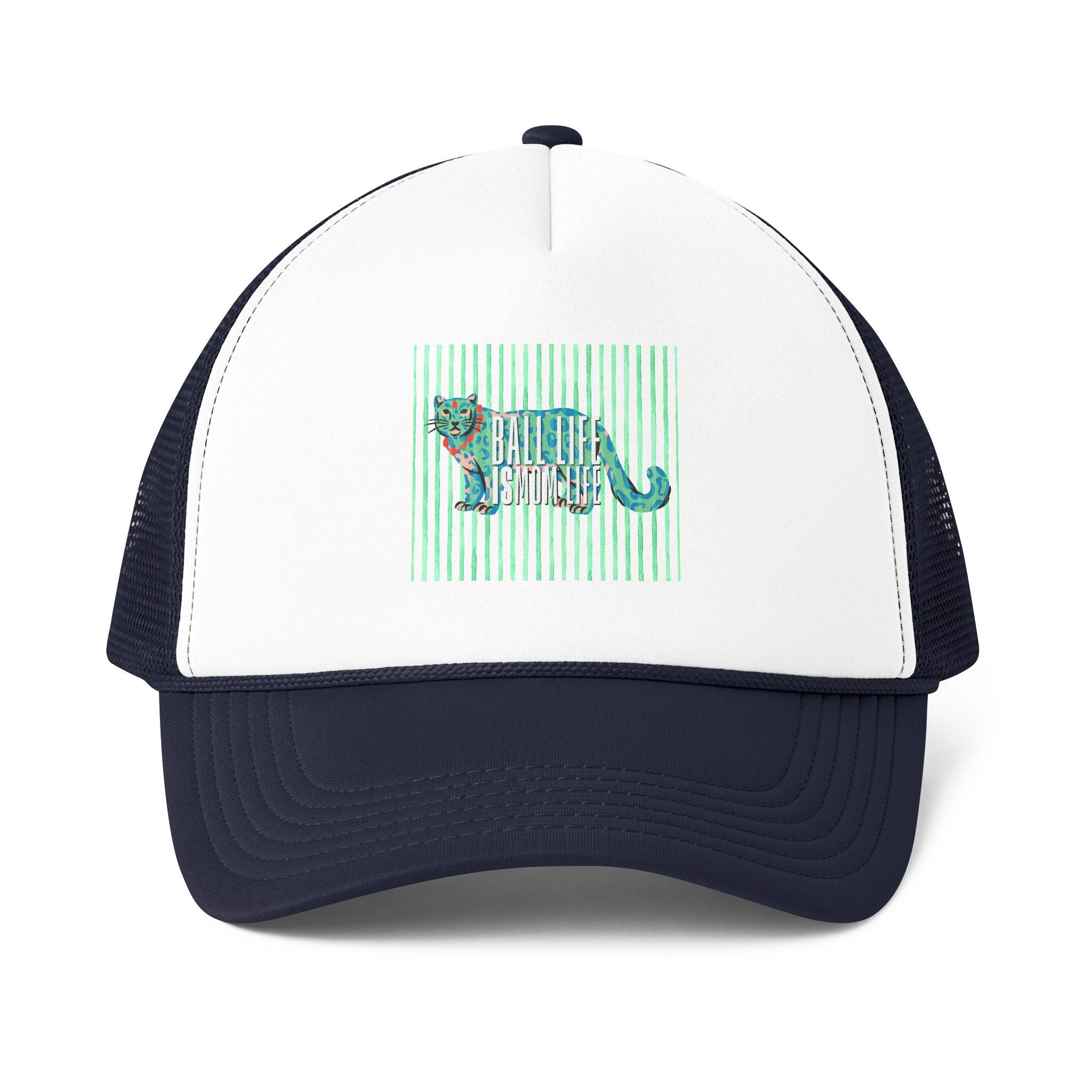 Mom Life Ball Life Teal Green Leopard Trucker Hat — Beachy Striped Design Ball Cap