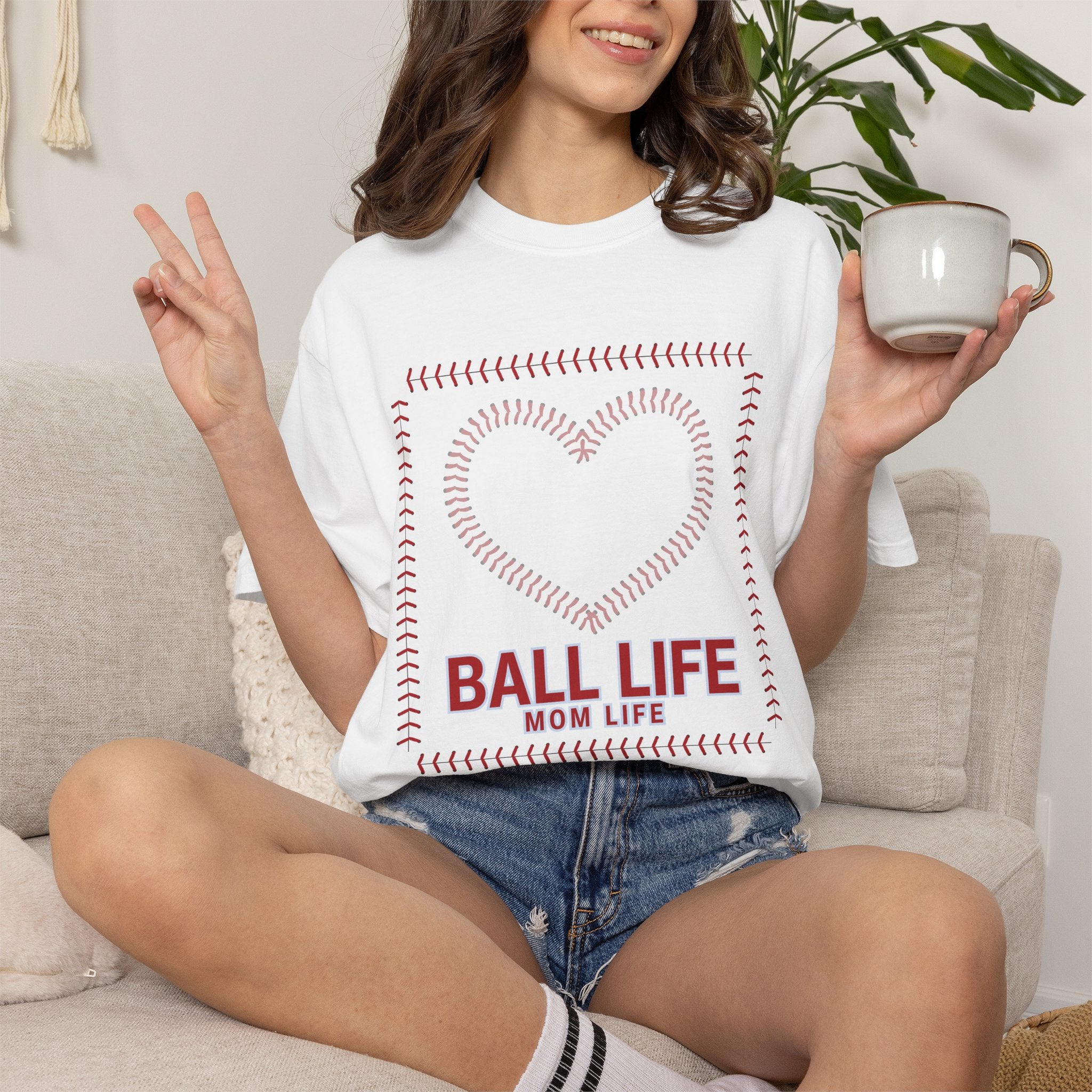 Baseball Mom T‑Shirt — "Ball Life Mom Life" Heart Stitch Design
