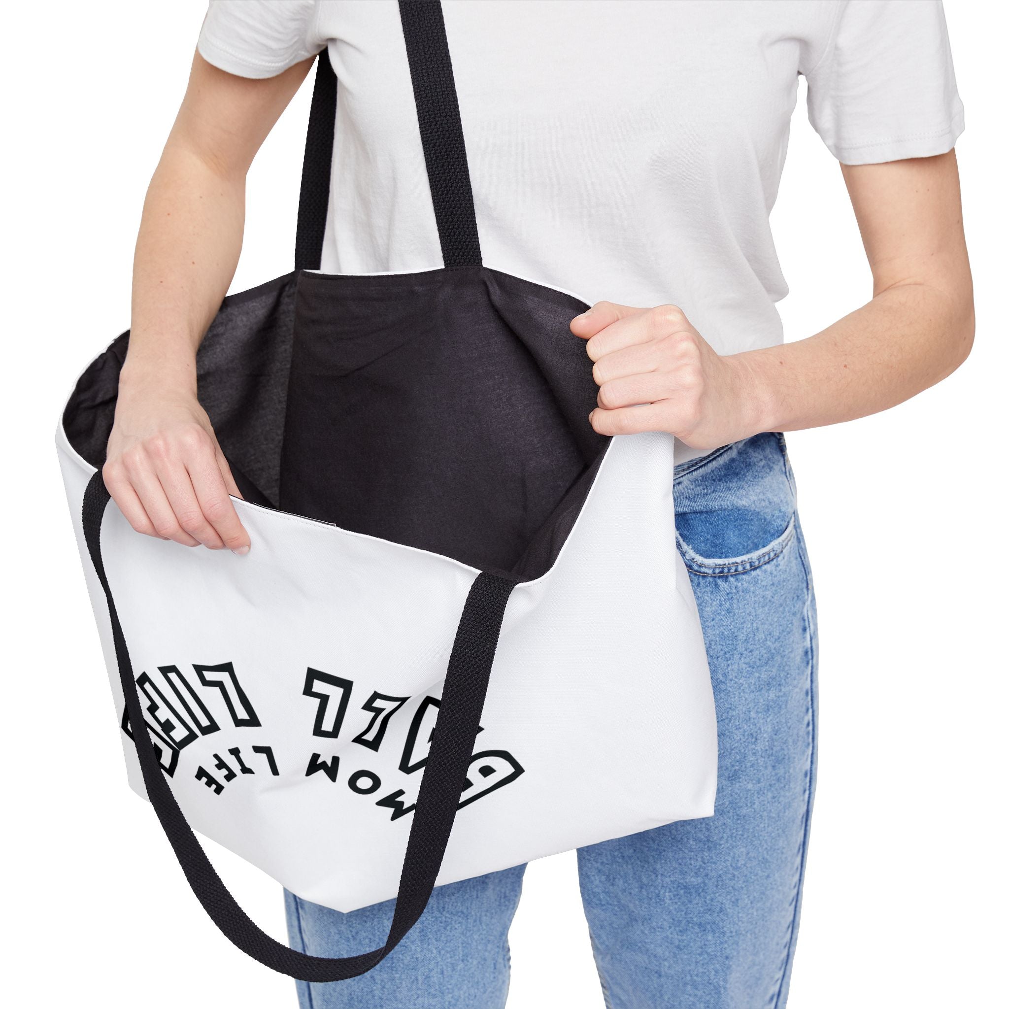Weekender Tote — 'Ball Life Mom Life' Upside Down Arch Logo Canvas Travel Bag Black and White