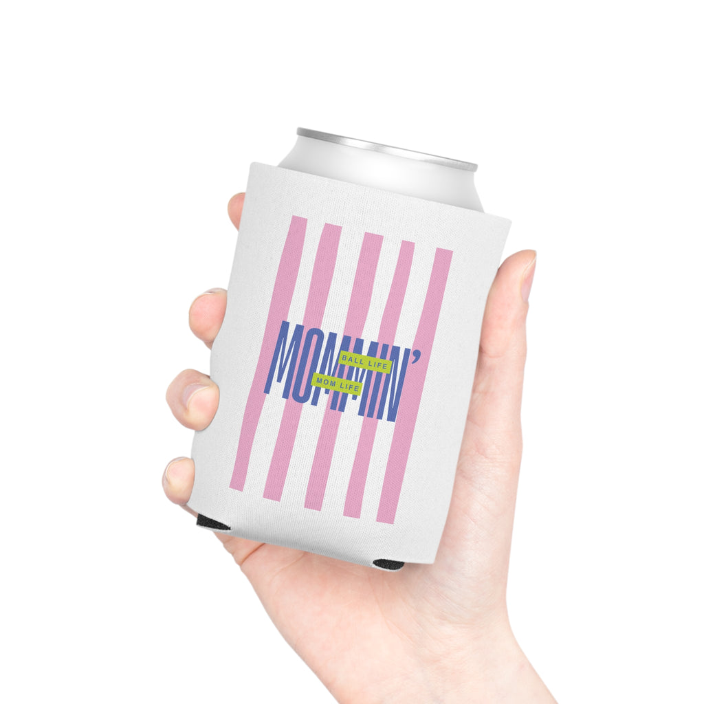 Can Cooler – Pink Stripes Mommin' Ball Life Mom Life Retro Graphic Can Koozie