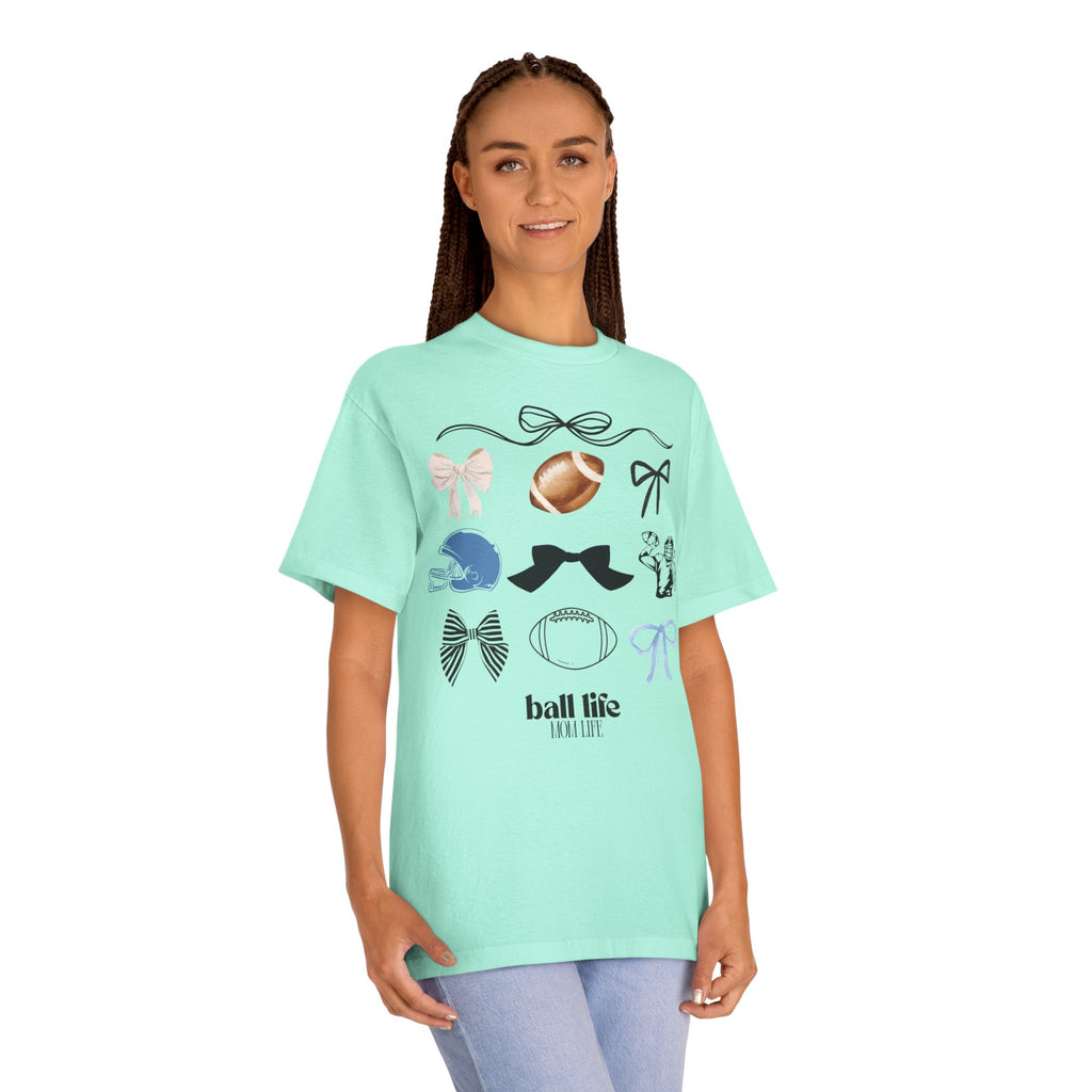 Football Mom Life Tee — Bow & Football Graphic Shirt