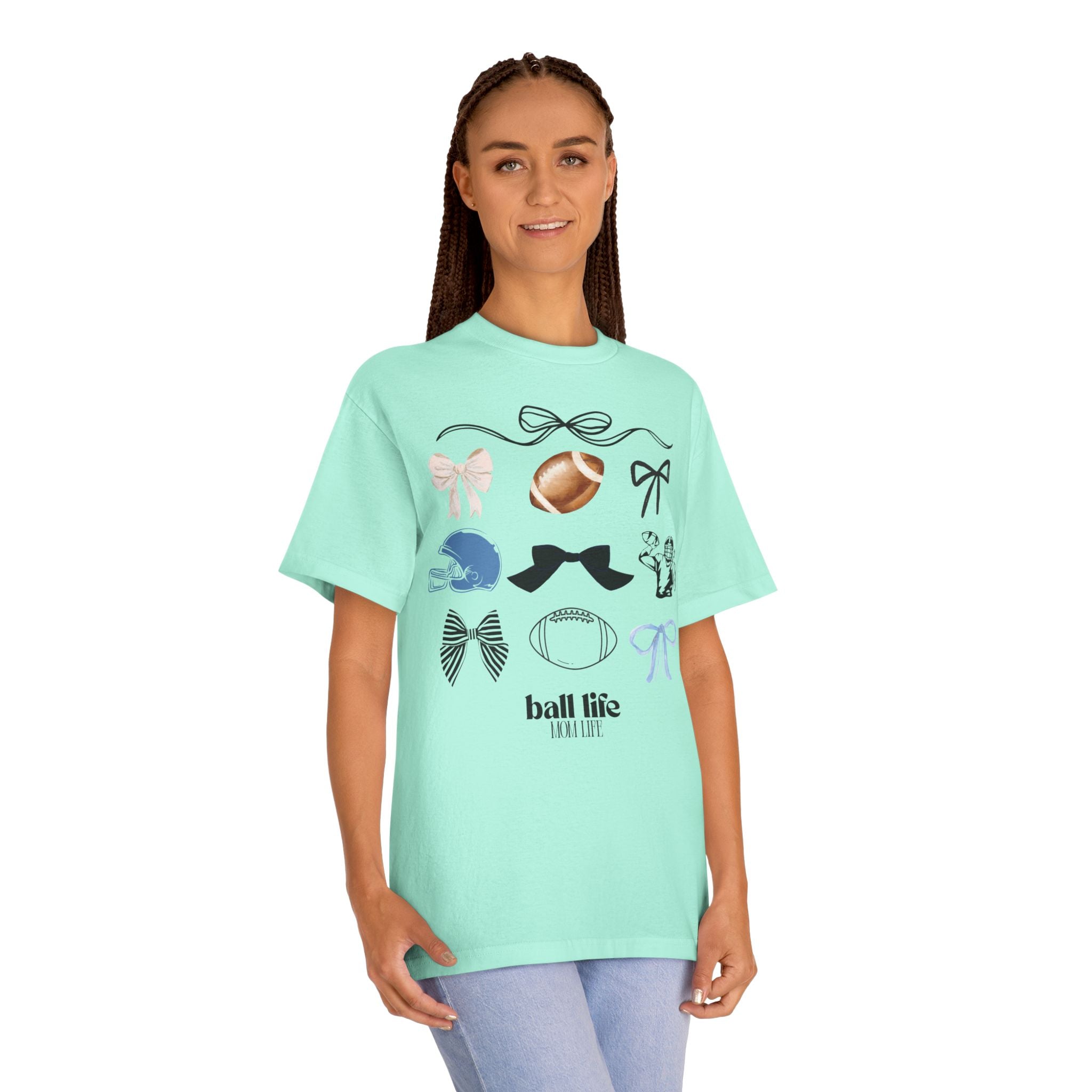 Football Mom Life Tee — Bow & Football Graphic Shirt