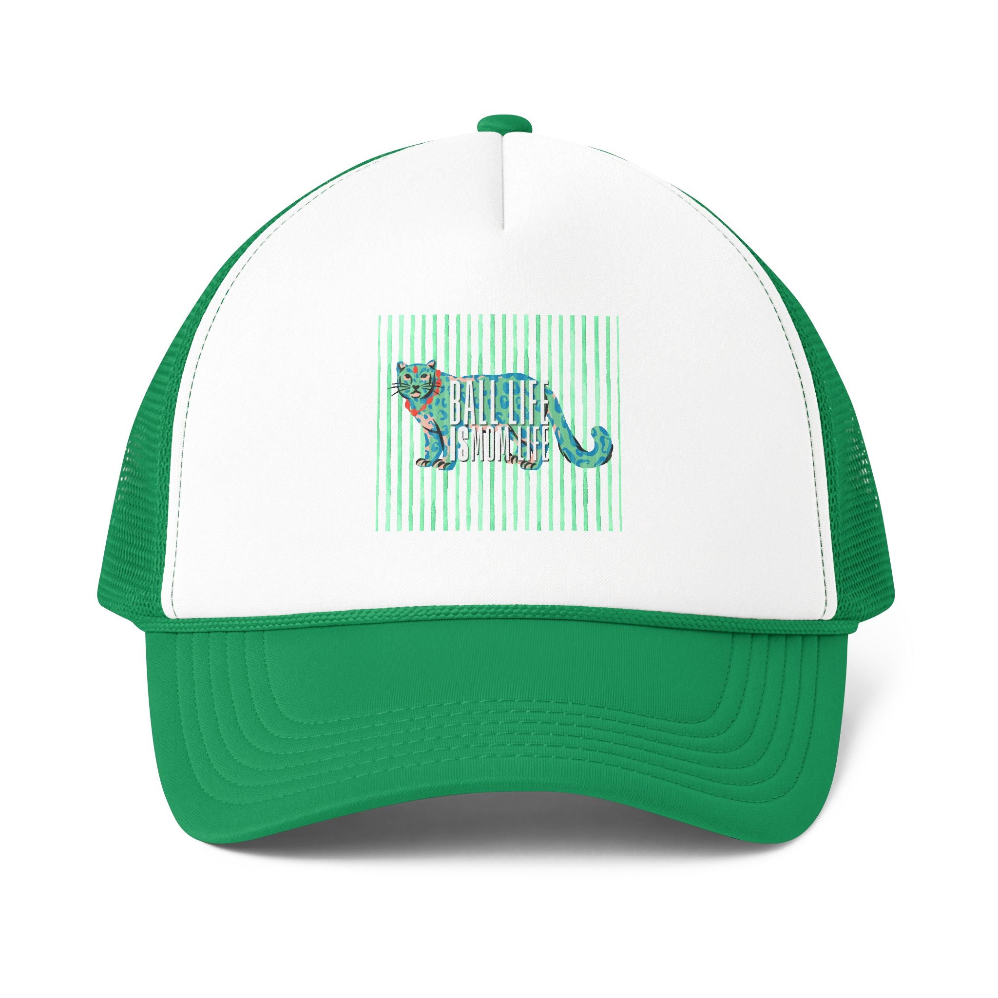 Mom Life Ball Life Teal Green Leopard Trucker Hat — Beachy Striped Design Ball Cap