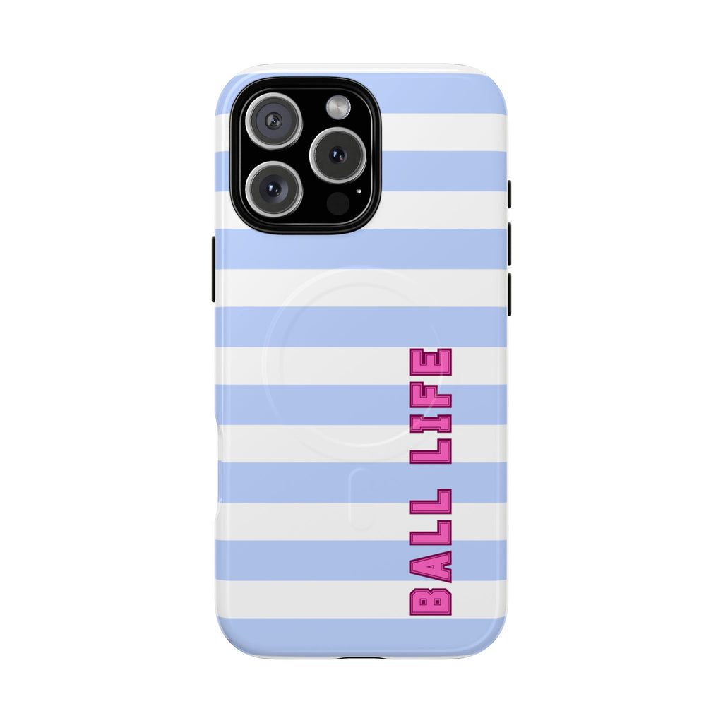 Phone Case — "Ball Life is Mom Life" Magnetic Tough Case Blue Stripes Pink Font