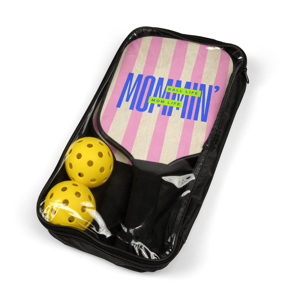 Pickleball Paddle Set - Mommin' Pink Stripe Design (2 Paddles + 2 Balls)