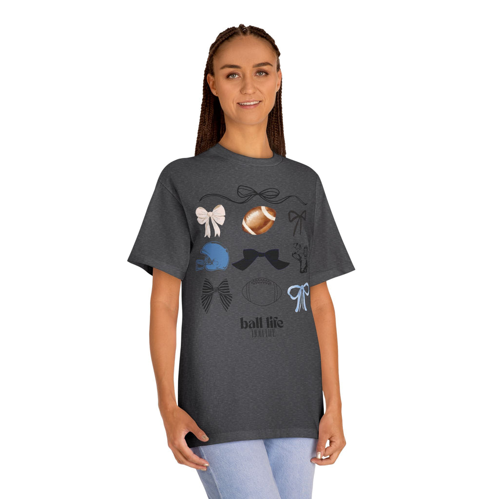 Football Mom Life Tee — Bow & Football Graphic Shirt