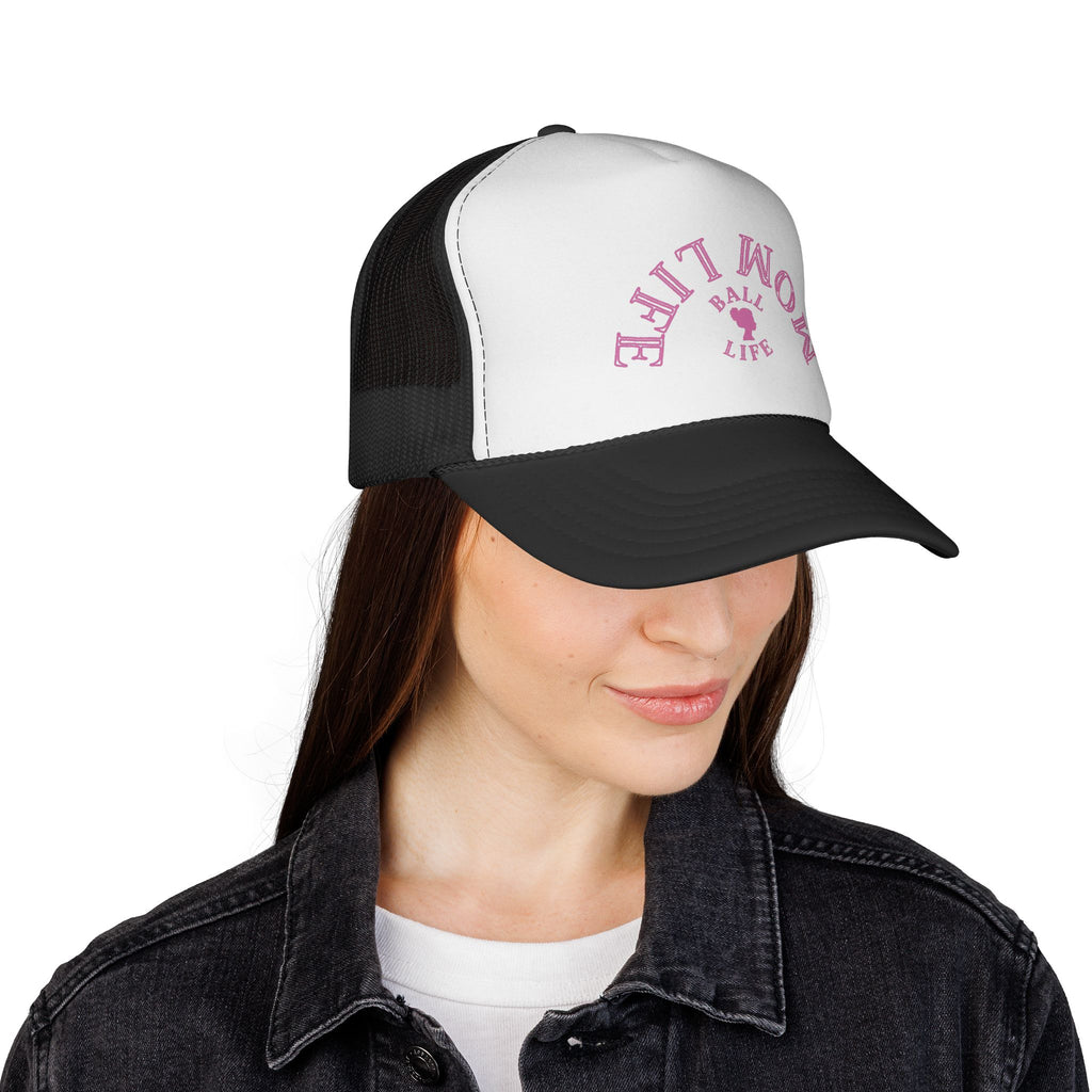 Mom Trucker Hat — 'Ball Life Mom Life' Pink Upside Down Logo Hat