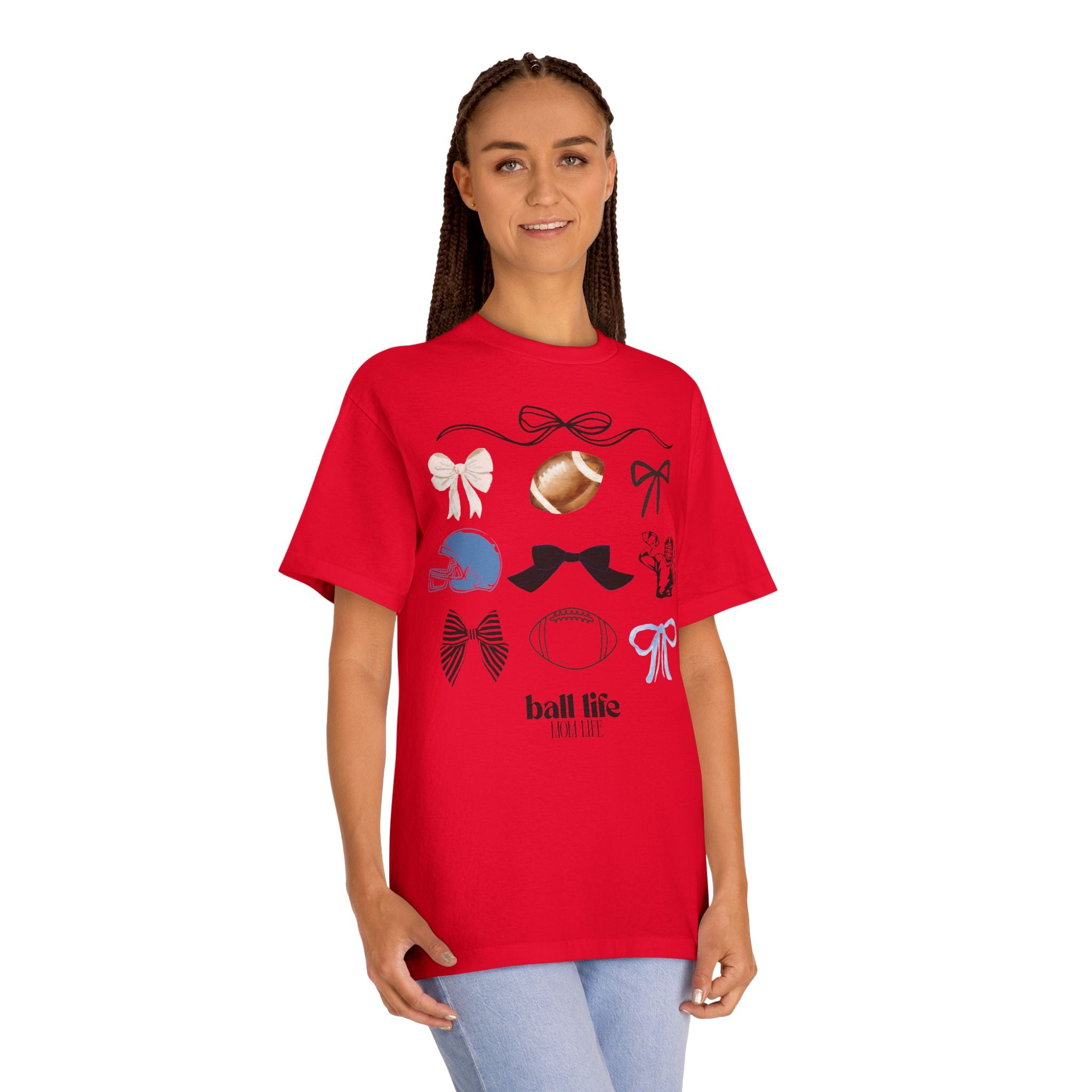Football Mom Life Tee — Bow & Football Graphic Shirt
