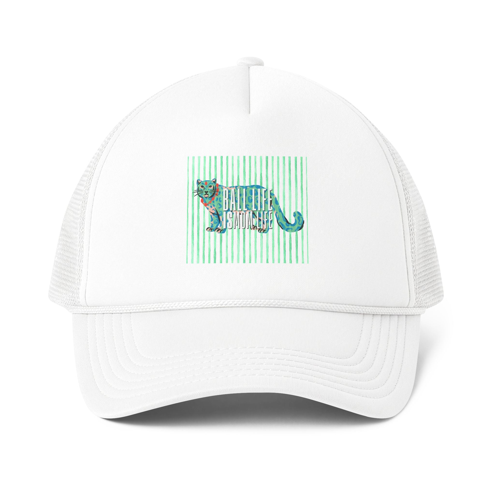 Mom Life Ball Life Teal Green Leopard Trucker Hat — Beachy Striped Design Ball Cap
