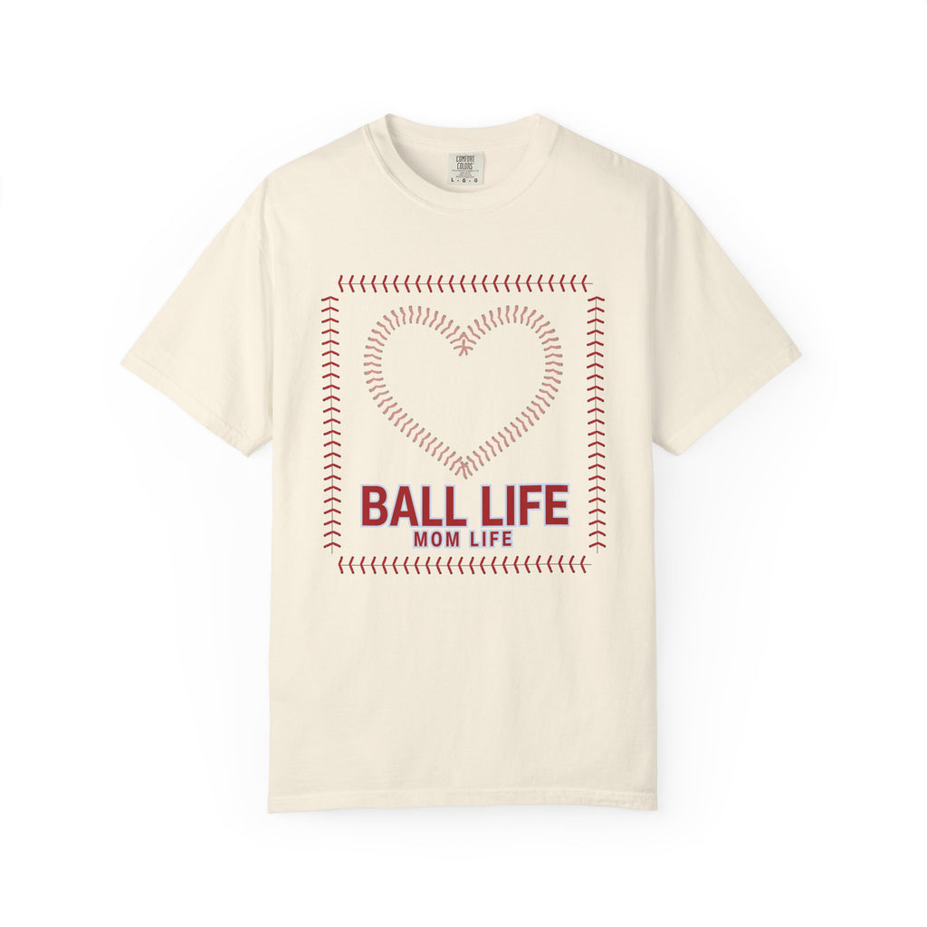 Baseball Mom T‑Shirt — "Ball Life Mom Life" Heart Stitch Design