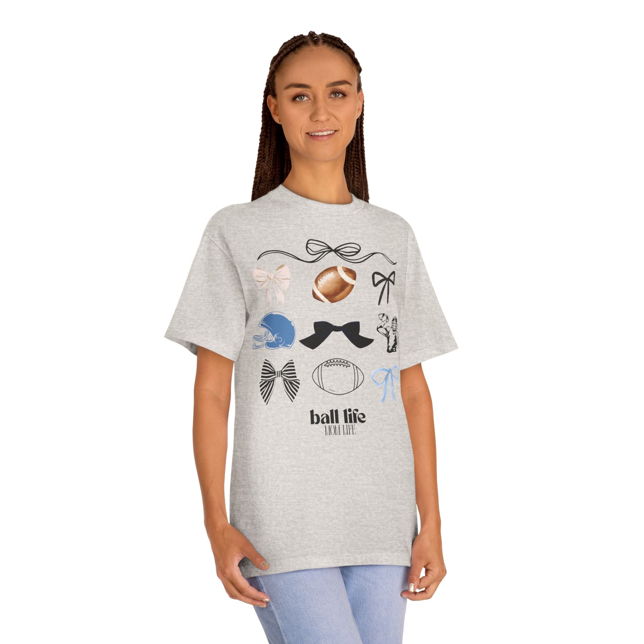 Football Mom Life Tee — Bow & Football Graphic Shirt
