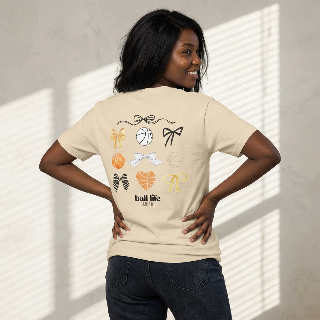 Basketball Bow Tee — "Ball Life Mom Life" Graphic Cotton T‑Shirt