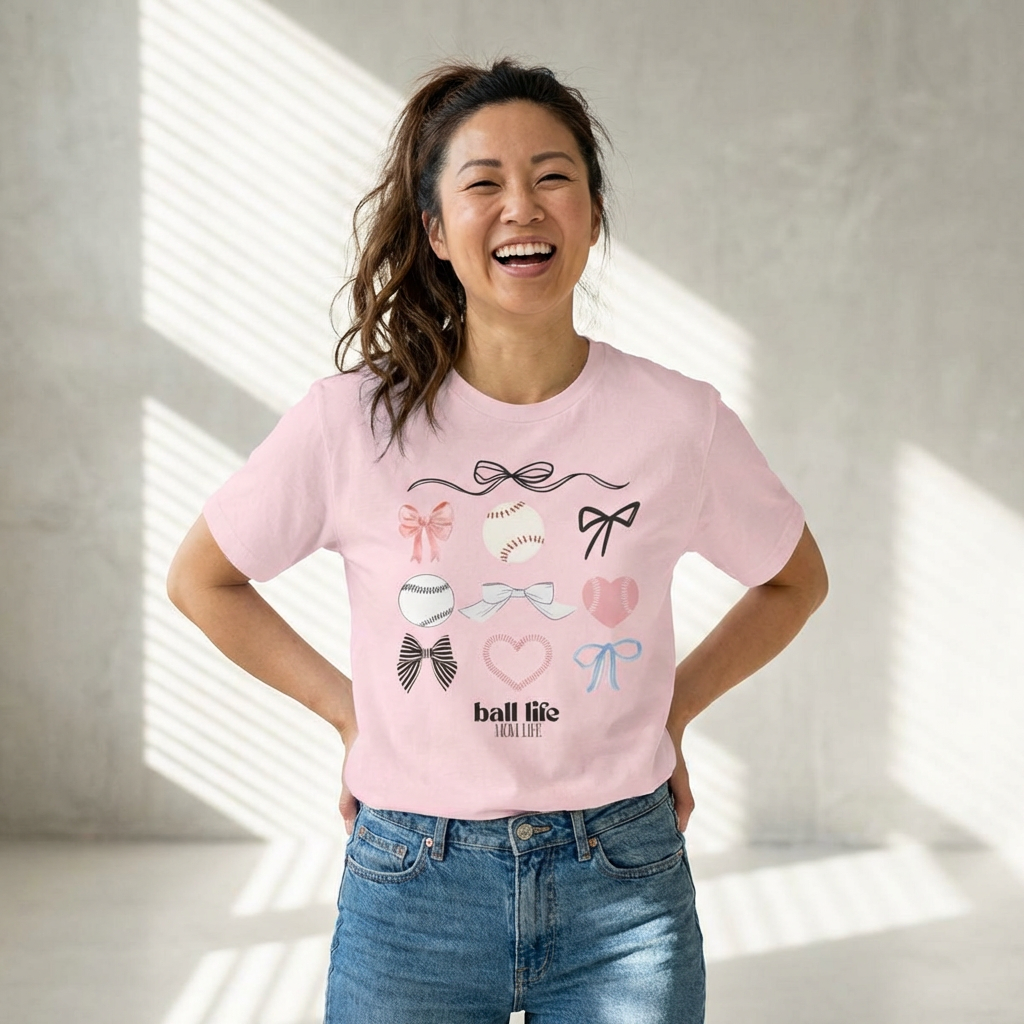 Baseball Bow Graphic Tee — "Ball Life" Bows & Heart Sports Shirt