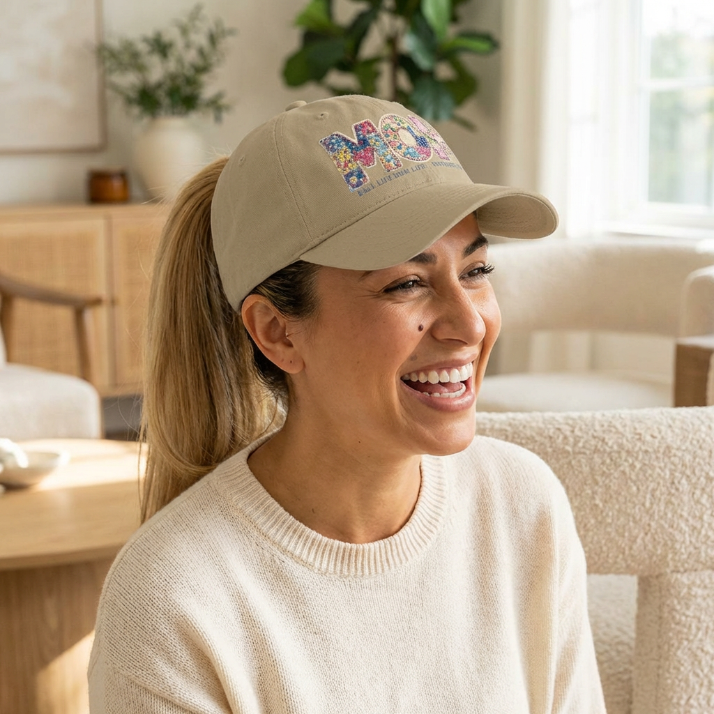 Floral 'MOM Life Ball Life' Quilted Baseball Cap Graphic — Mother's Game Day Hat