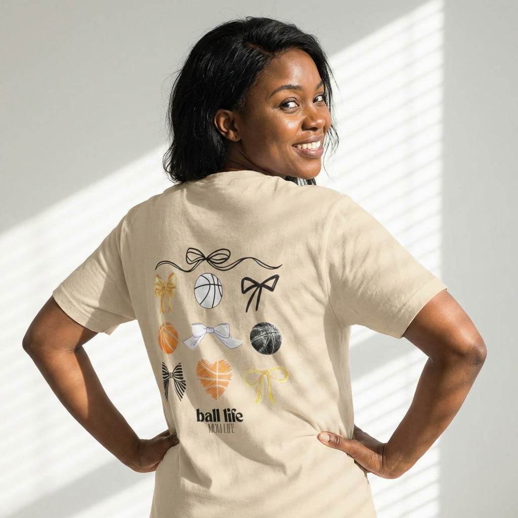 Basketball Bow Tee — "Ball Life Mom Life" Graphic Cotton T‑Shirt