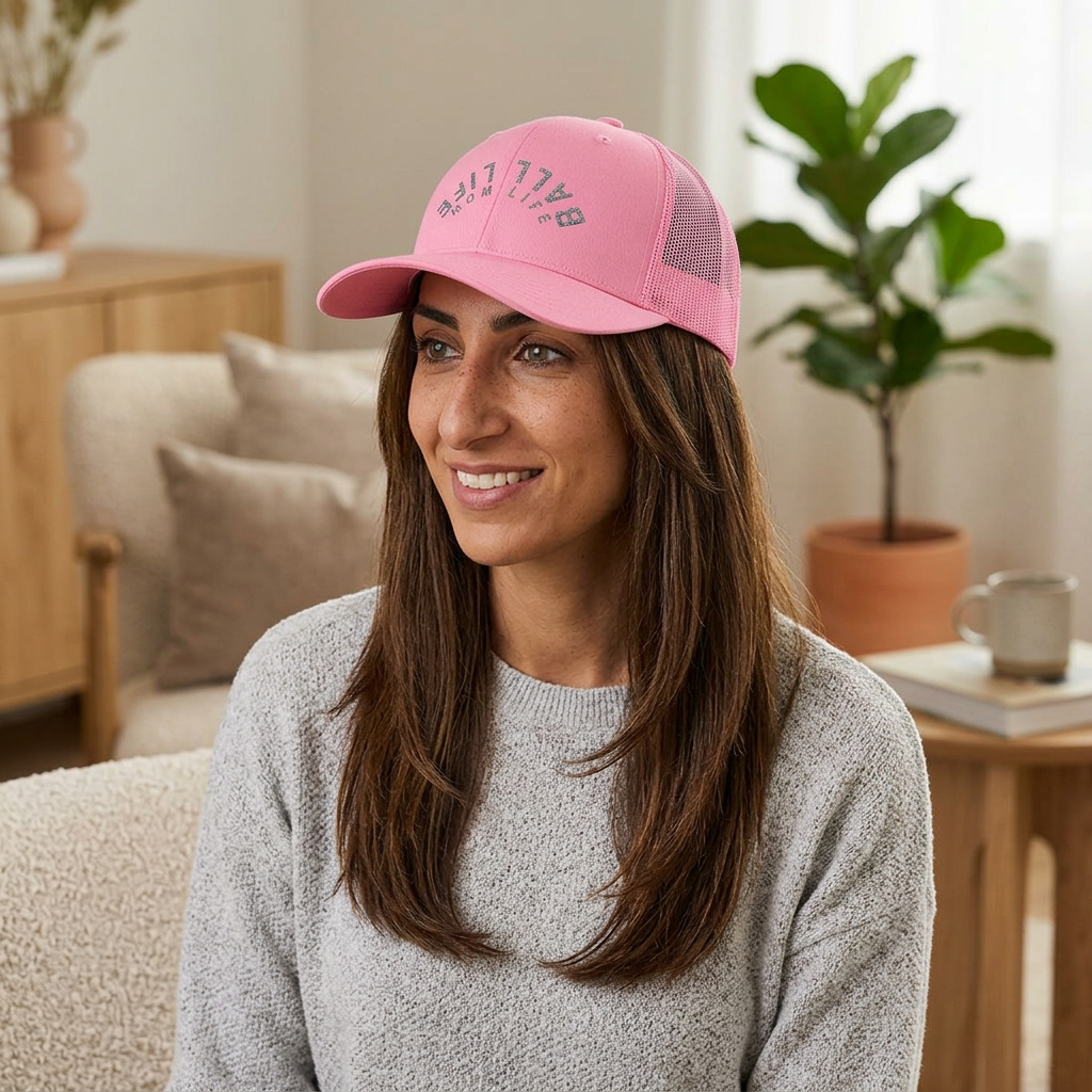 Embroidered Upside Down Snapback Trucker Cap - Ball Life Mom Life Hat