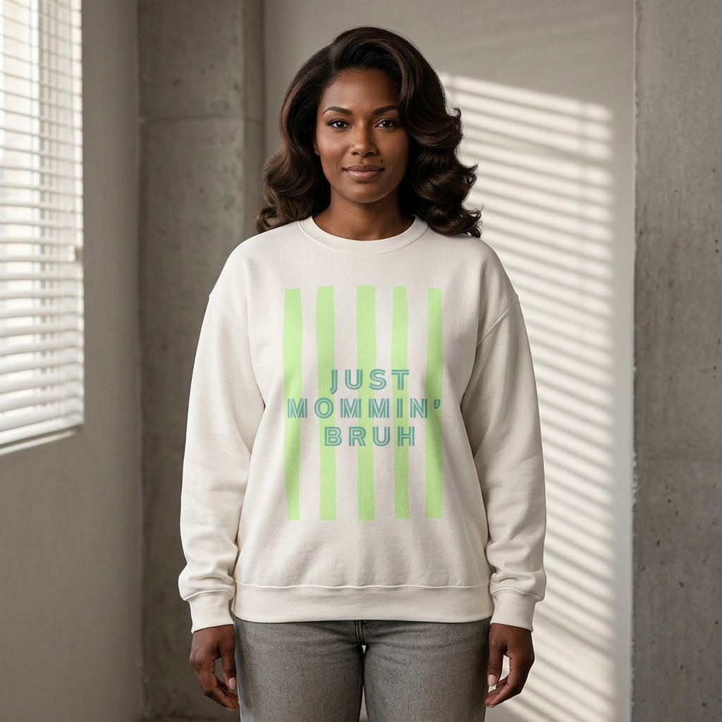 Crewneck Sweatshirt — "Just Mommin' Bruh" Neon Stripe Mom Life Pullover