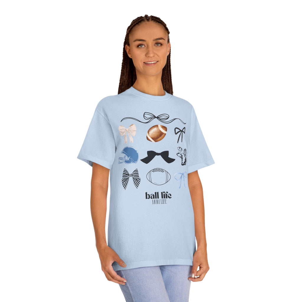 Football Mom Life Tee — Bow & Football Graphic Shirt