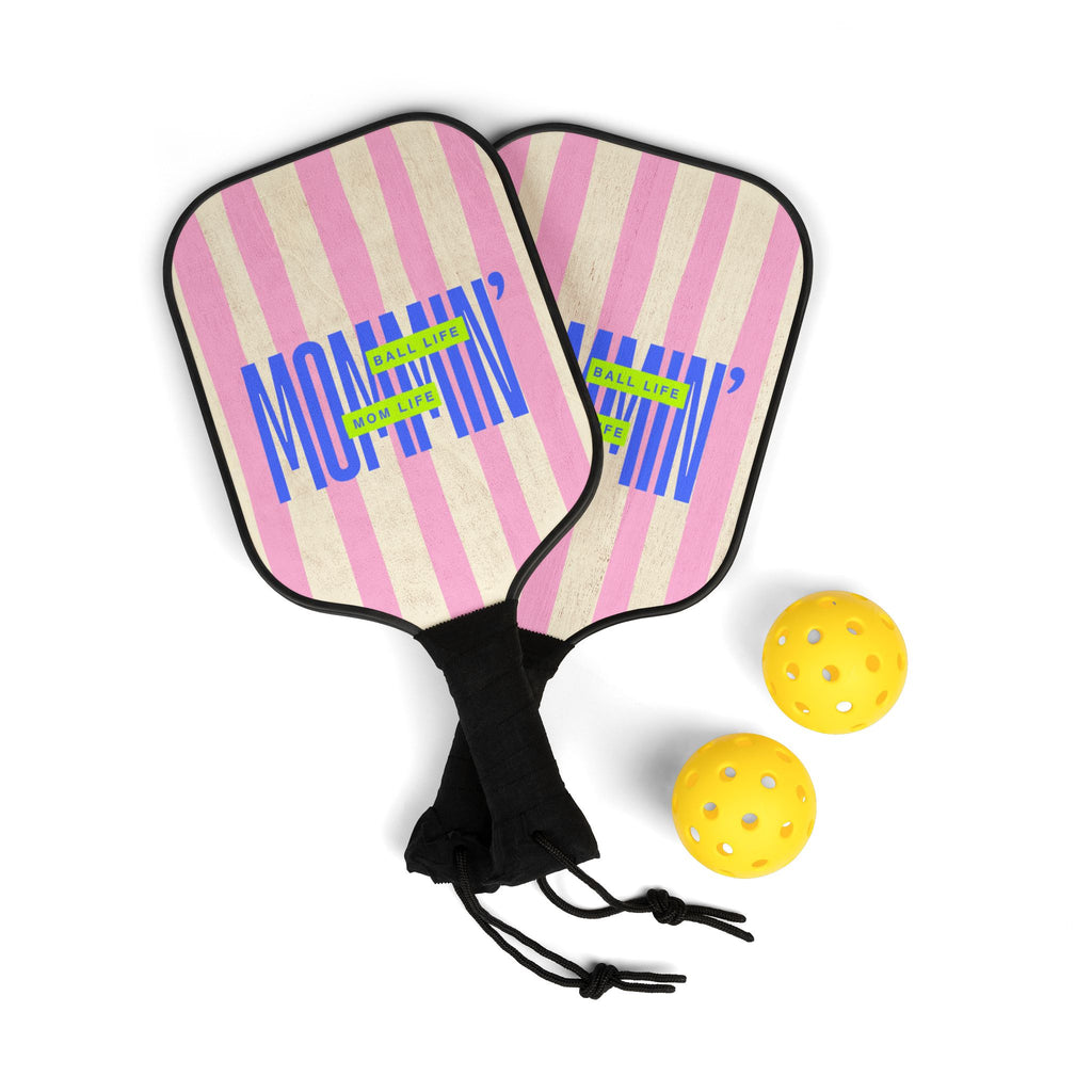 Pickleball Paddle Set - Mommin' Pink Stripe Design (2 Paddles + 2 Balls)