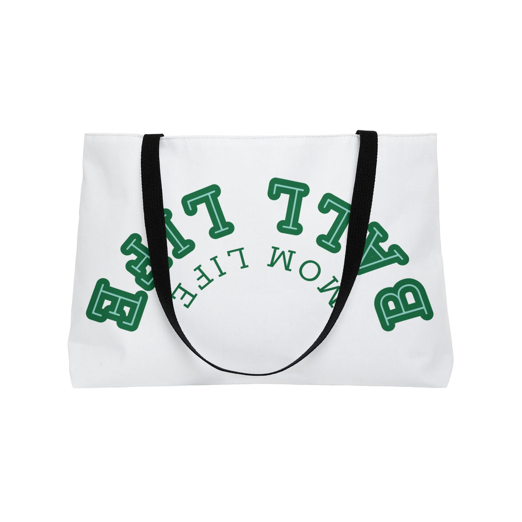 Weekender Tote — 'Ball Life Mom Life' Upside Down Arch Logo Canvas Travel Bag