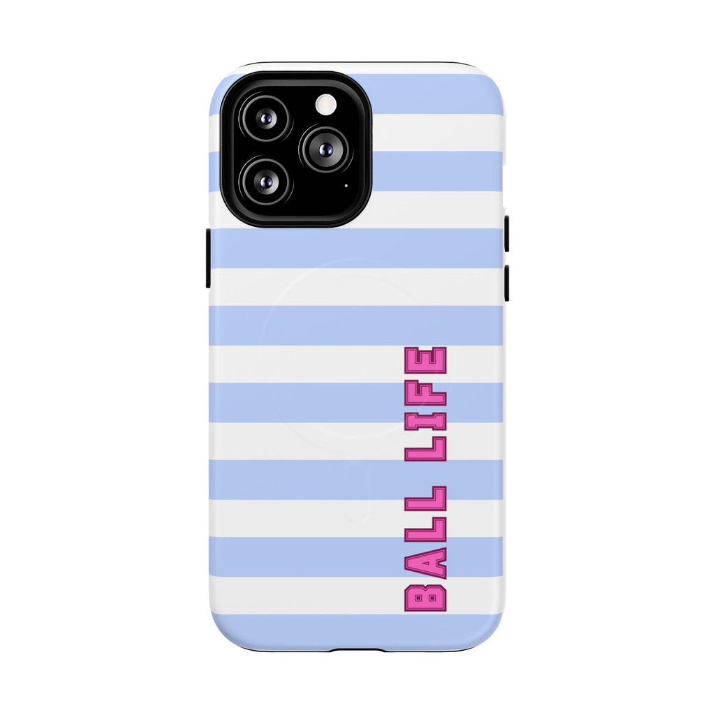 Phone Case — "Ball Life is Mom Life" Magnetic Tough Case Blue Stripes Pink Font