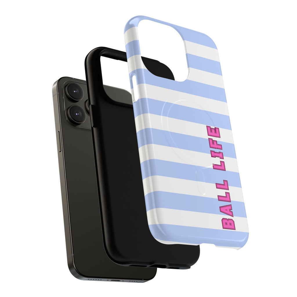 Phone Case — "Ball Life is Mom Life" Magnetic Tough Case Blue Stripes Pink Font
