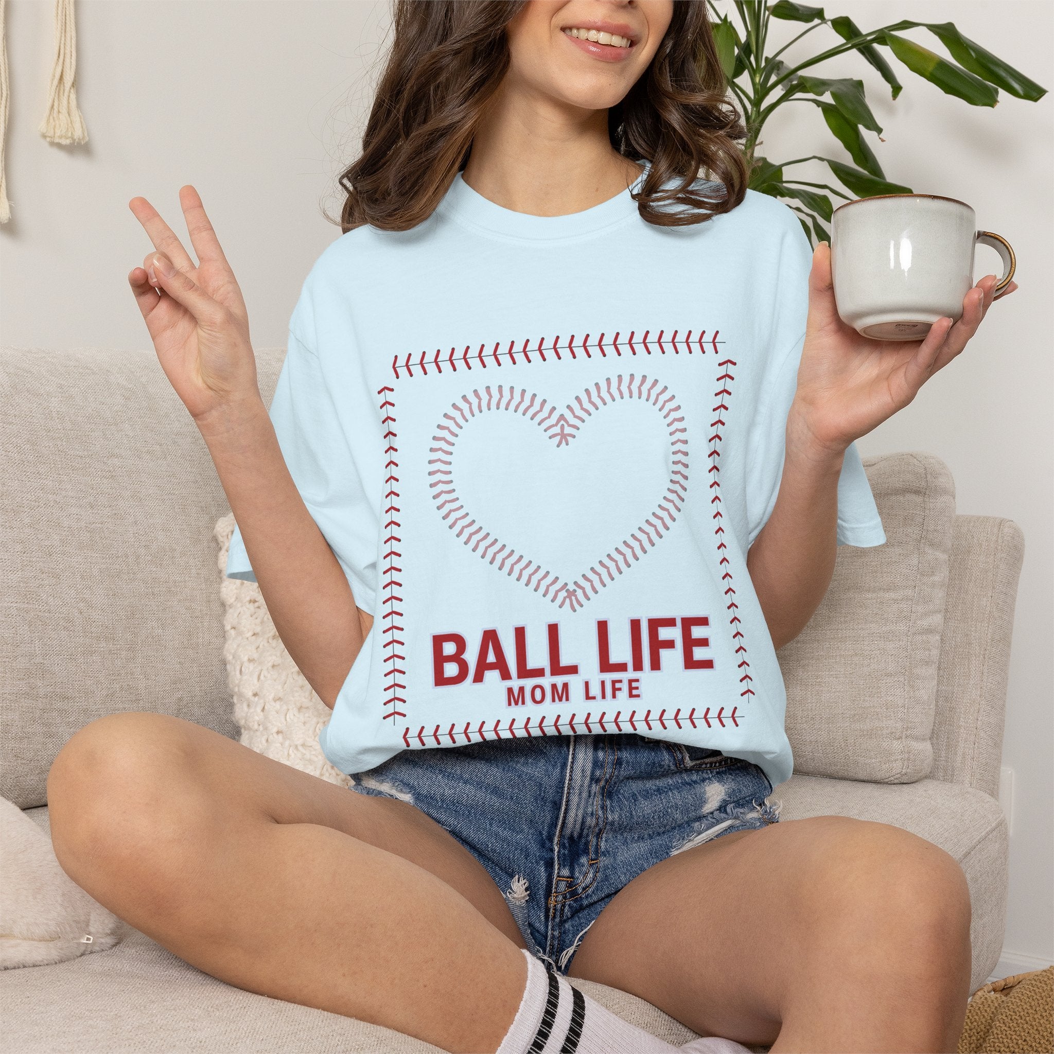 Baseball Mom T‑Shirt — "Ball Life Mom Life" Heart Stitch Design