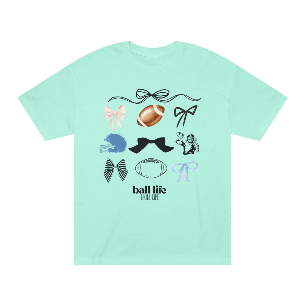 Football Mom Life Tee — Bow & Football Graphic Shirt