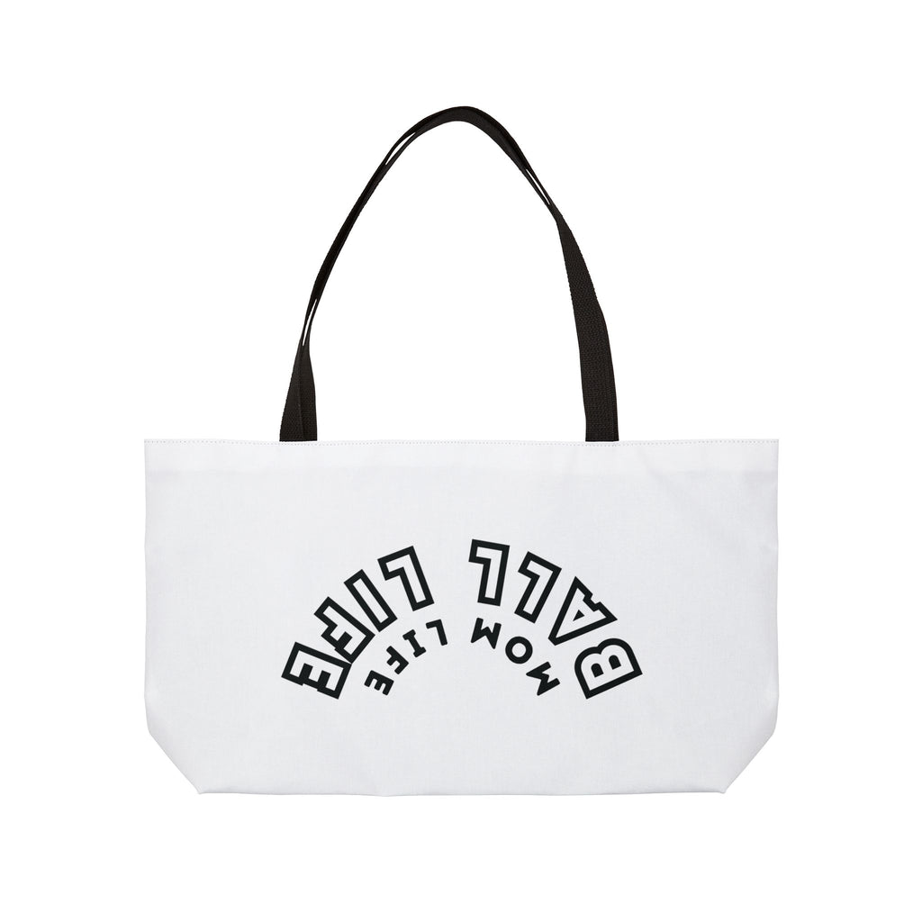 Weekender Tote — 'Ball Life Mom Life' Upside Down Arch Logo Canvas Travel Bag Black and White