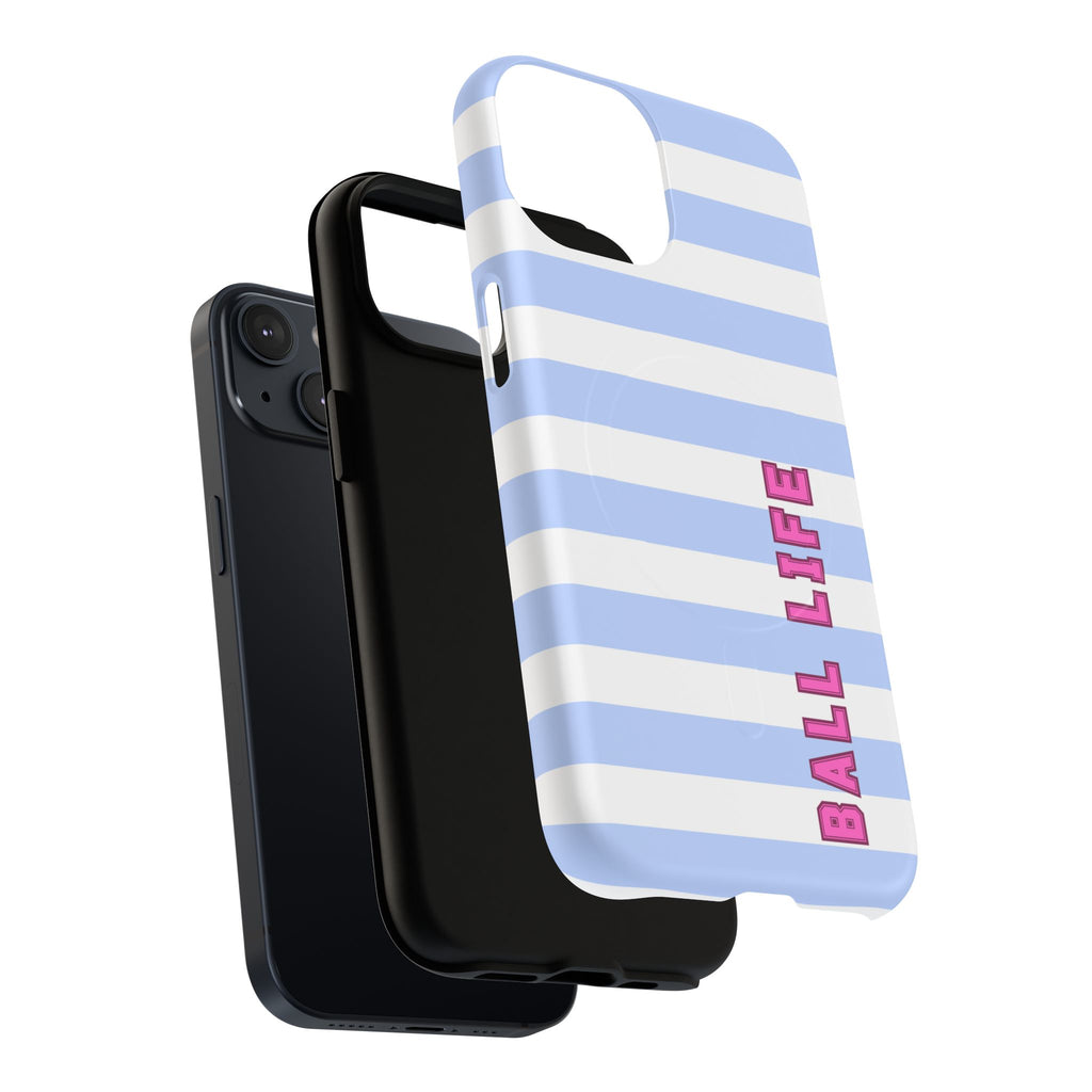 Phone Case — "Ball Life is Mom Life" Magnetic Tough Case Blue Stripes Pink Font
