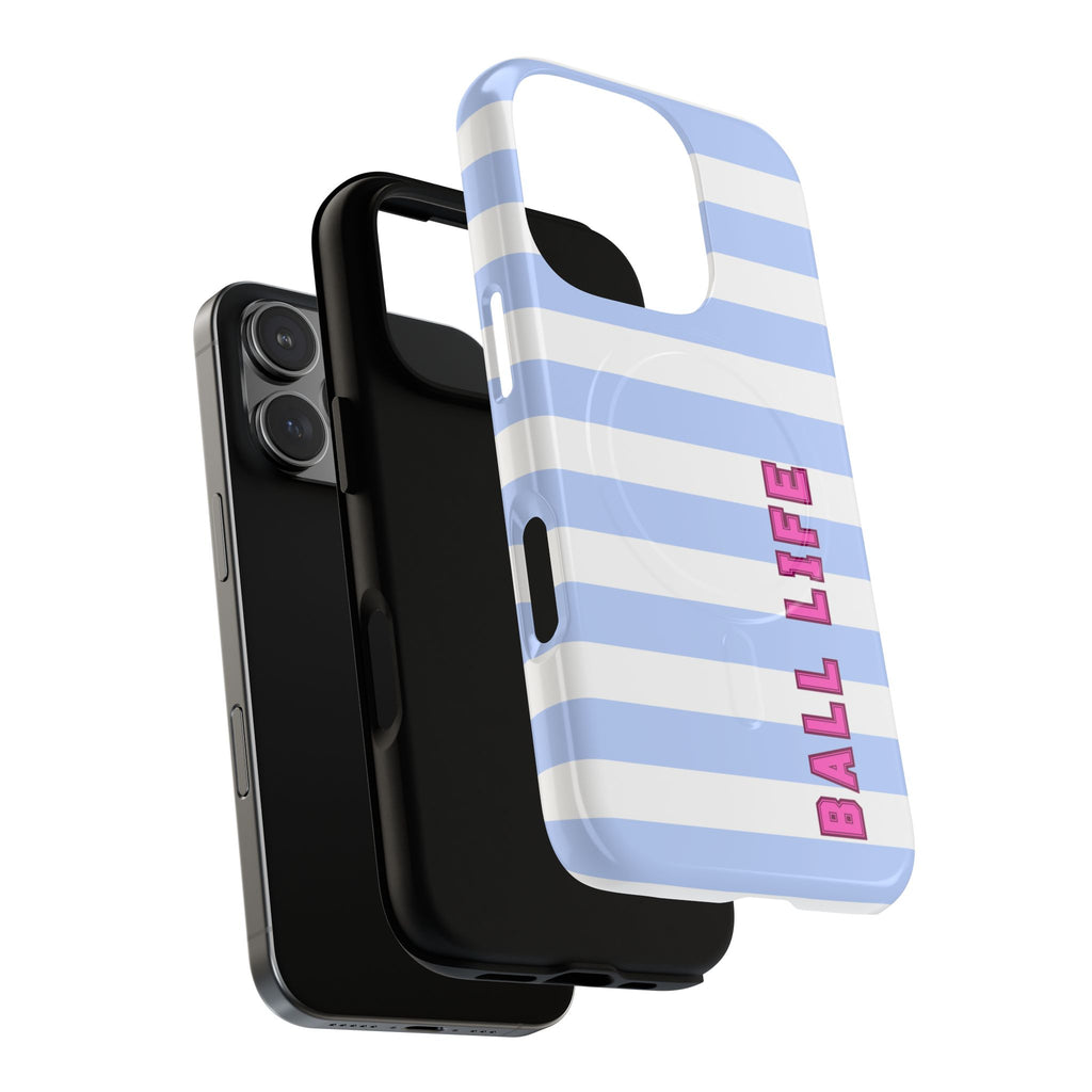 Phone Case — "Ball Life is Mom Life" Magnetic Tough Case Blue Stripes Pink Font