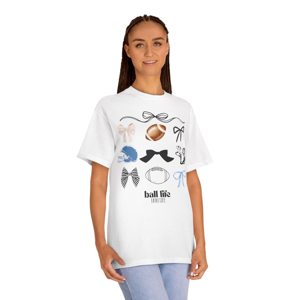 Football Mom Life Tee — Bow & Football Graphic Shirt