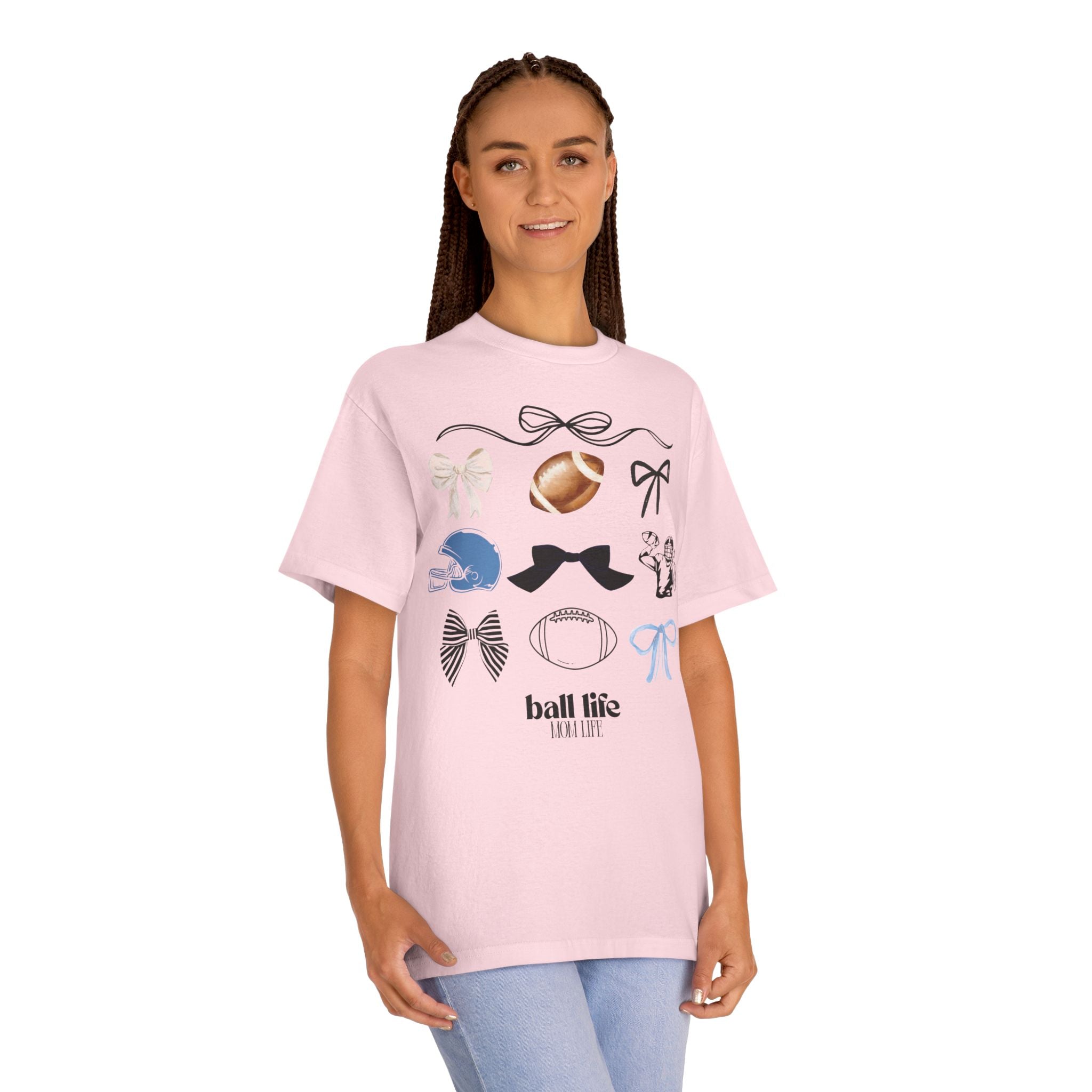 Football Mom Life Tee — Bow & Football Graphic Shirt