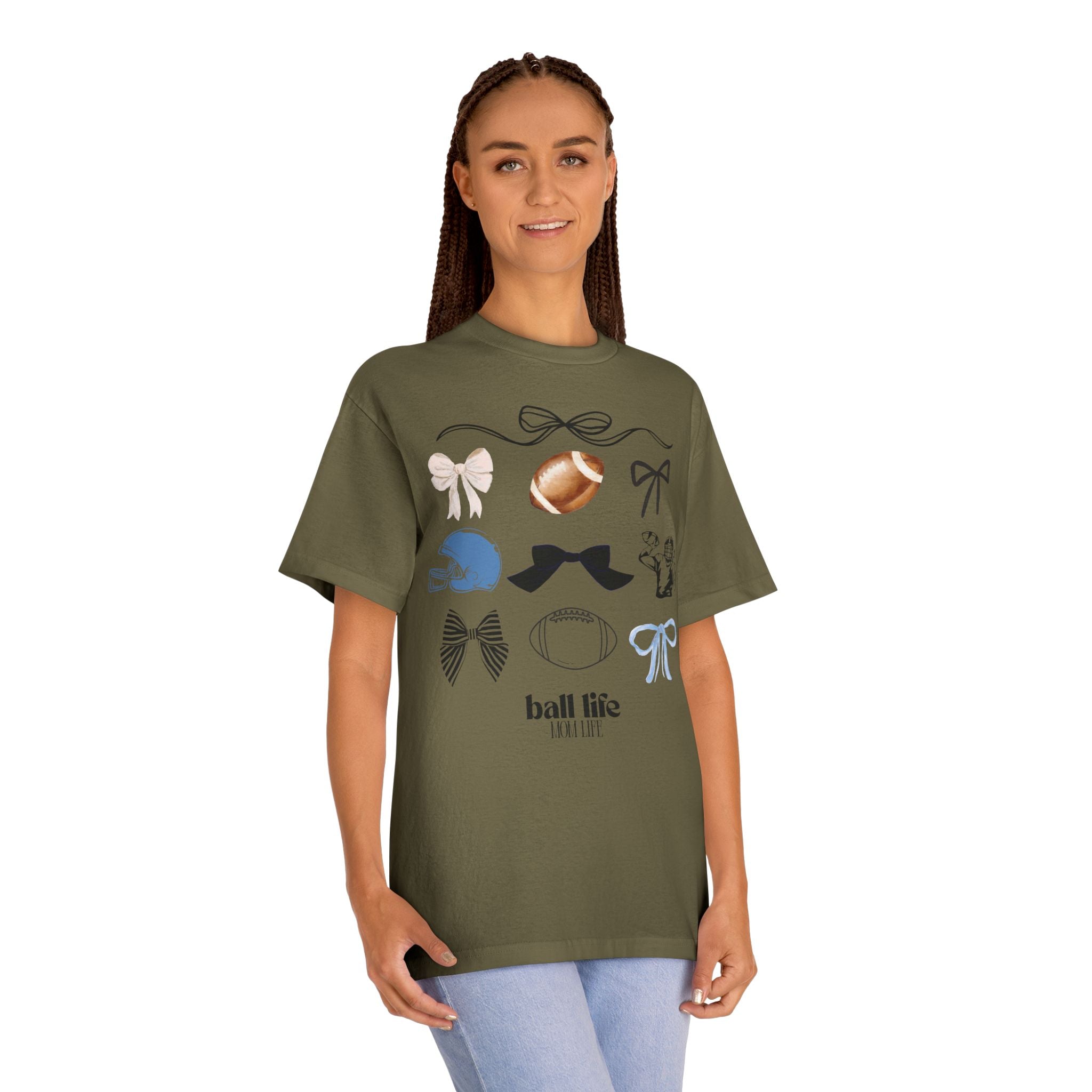 Football Mom Life Tee — Bow & Football Graphic Shirt