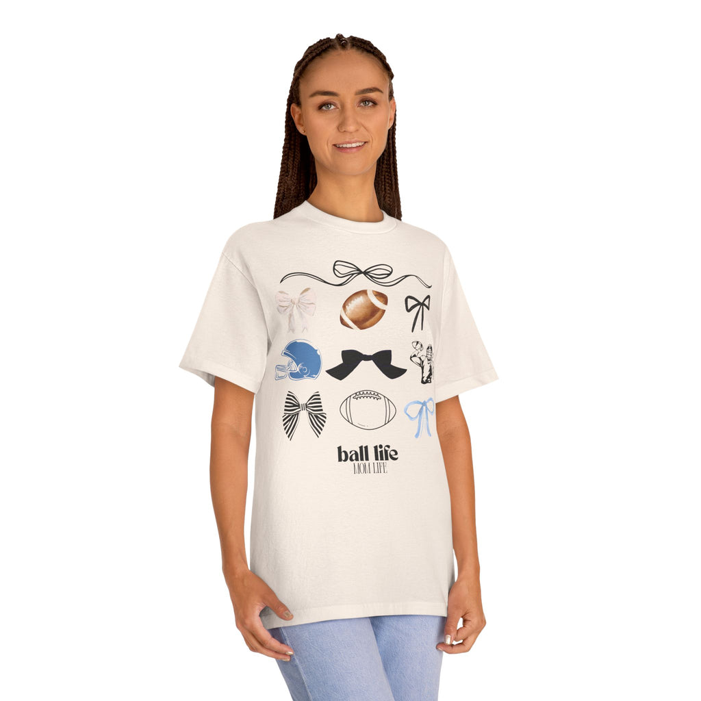 Football Mom Life Tee — Bow & Football Graphic Shirt