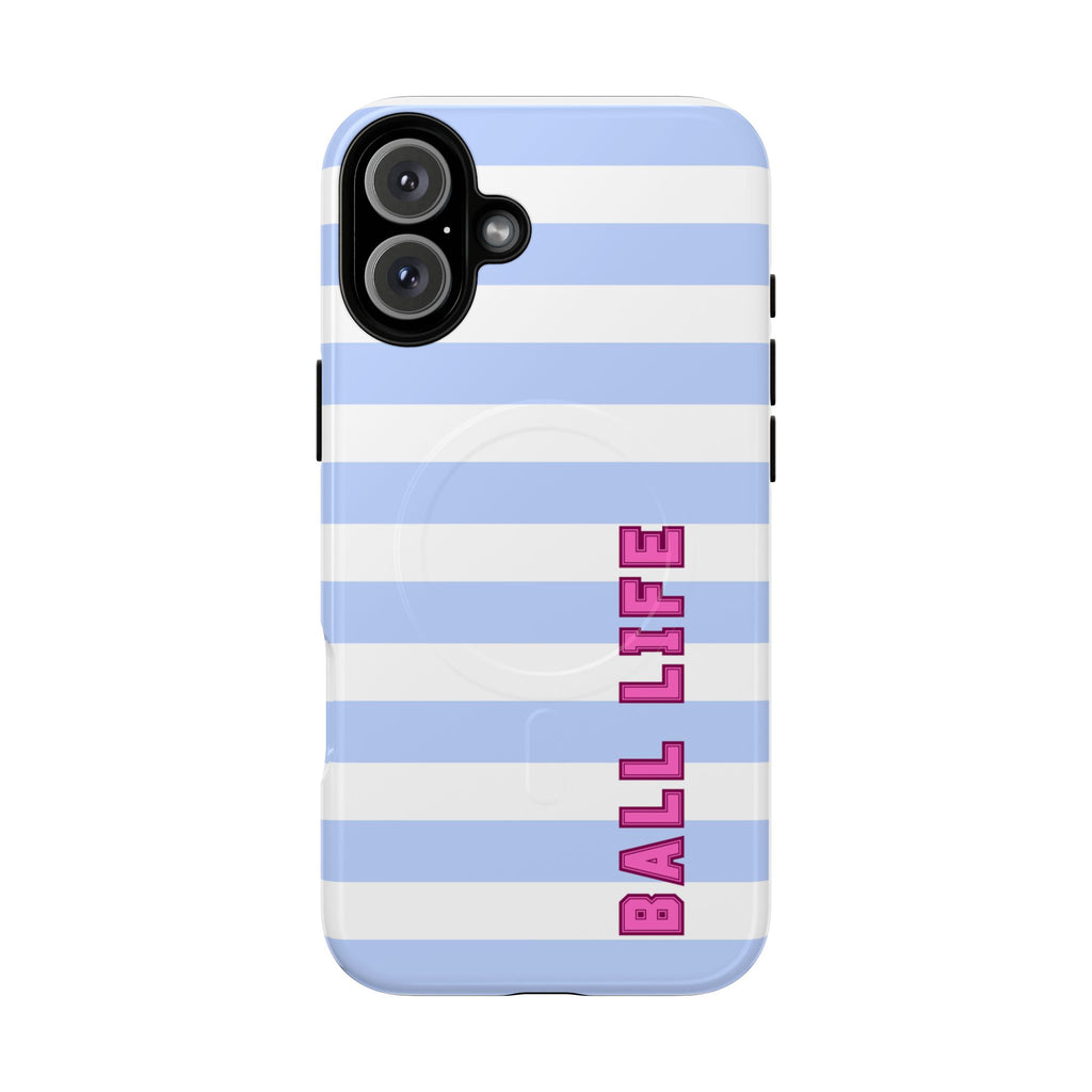 Phone Case — "Ball Life is Mom Life" Magnetic Tough Case Blue Stripes Pink Font