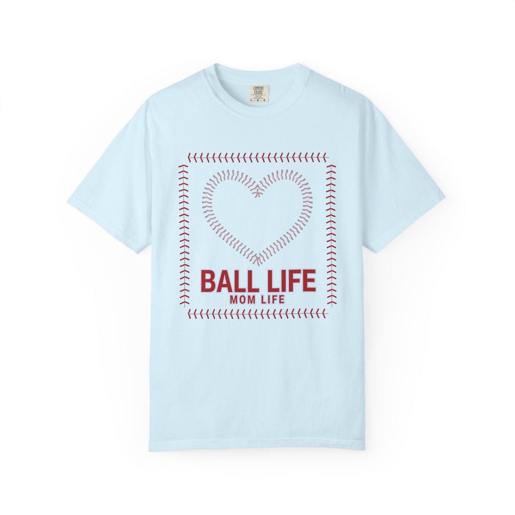 Baseball Mom T‑Shirt — "Ball Life Mom Life" Heart Stitch Design