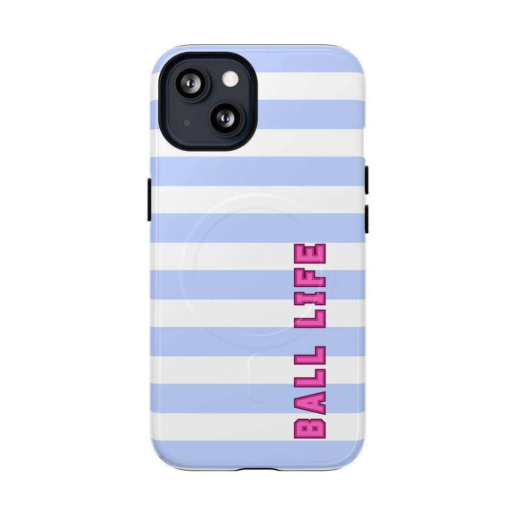 Phone Case — "Ball Life is Mom Life" Magnetic Tough Case Blue Stripes Pink Font