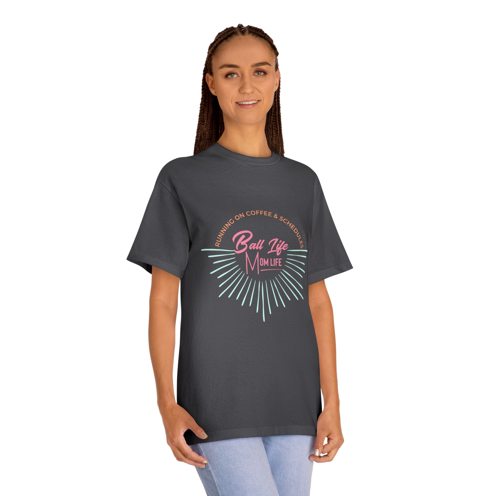 Ball Life Mom Life Graphic Tee — Running on Coffee & Schedules Retro Vibe