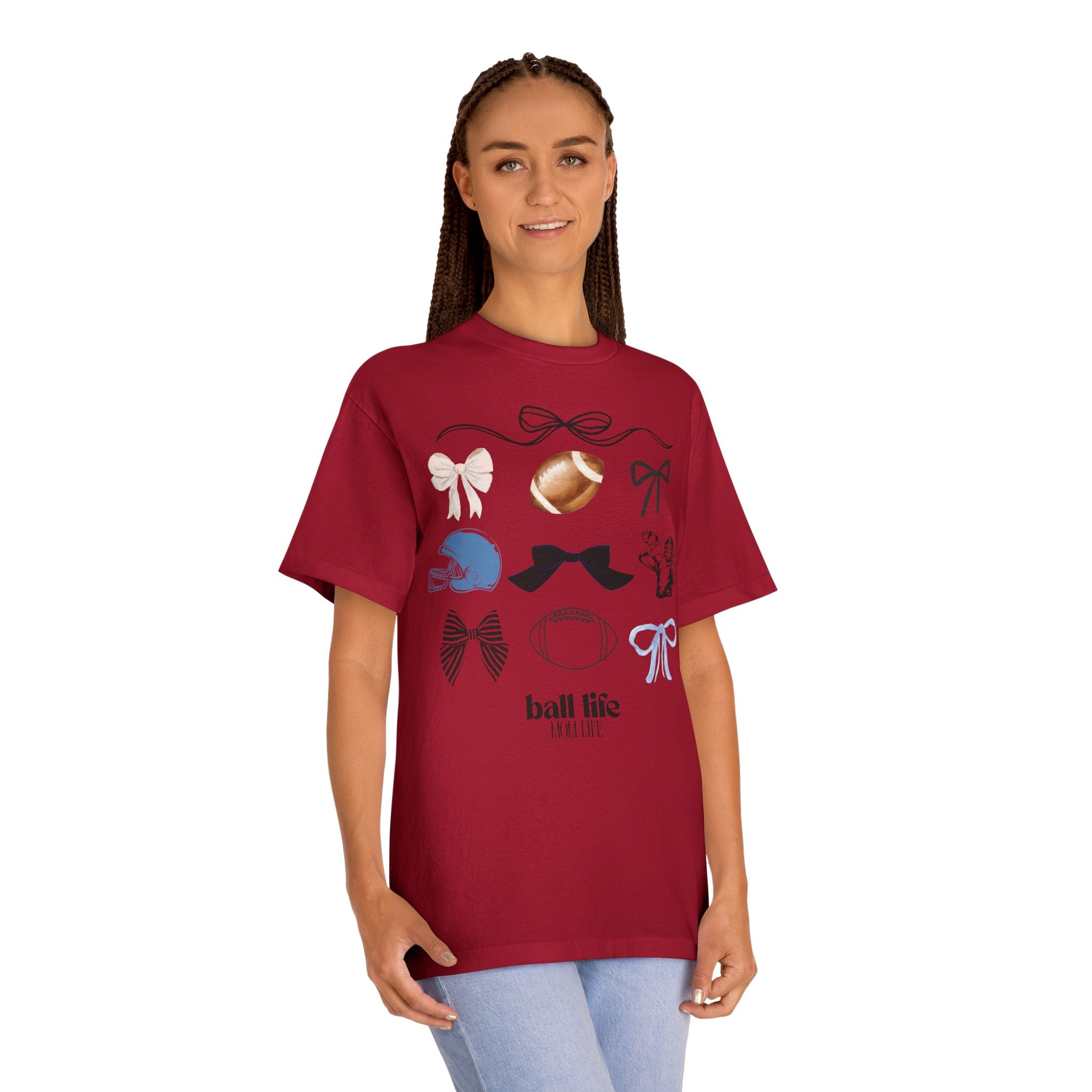 Football Mom Life Tee — Bow & Football Graphic Shirt