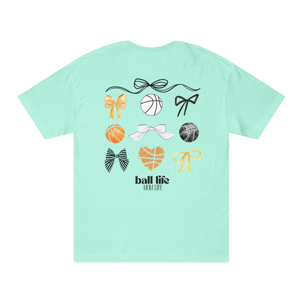 Basketball Bow Tee — "Ball Life Mom Life" Graphic Cotton T‑Shirt