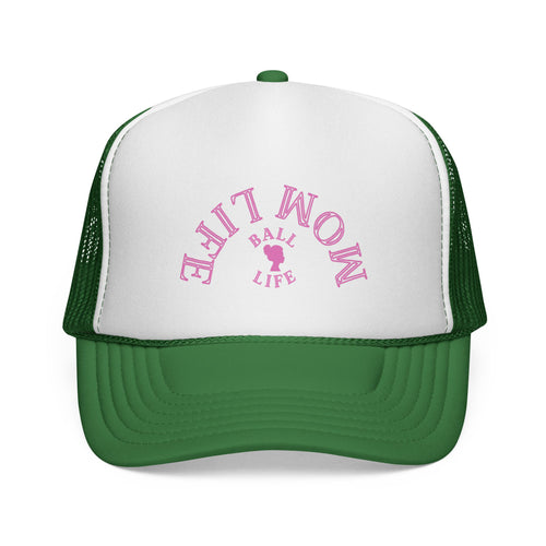 Mom Trucker Hat — 'Ball Life Mom Life' Pink Upside Down Logo Hat