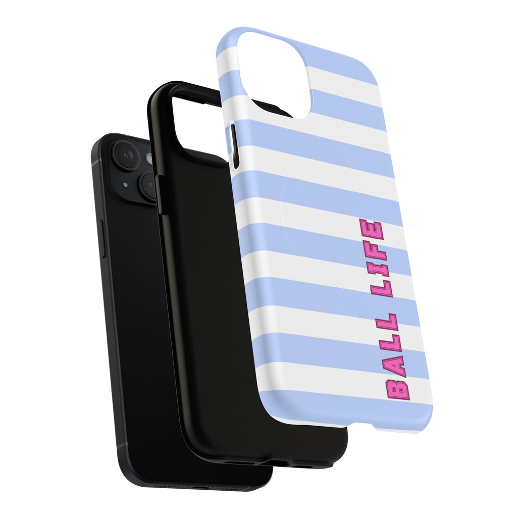 Phone Case — "Ball Life is Mom Life" Magnetic Tough Case Blue Stripes Pink Font